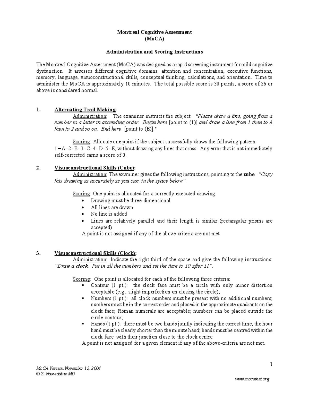 Mo Ca Instructions For The English Version Moca Version November 12 2004 C Z Nasreddine Md 1 Studocu