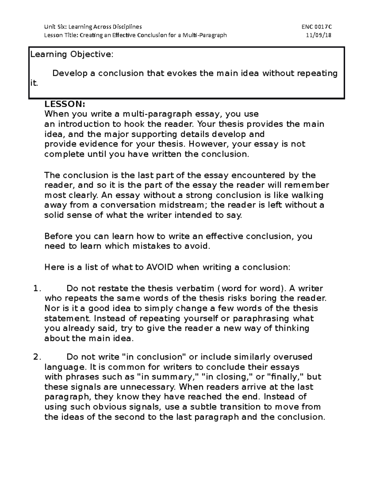 Creating An Effective Conclusion For A Mutil Paragraph Lesson When You Write A Studocu