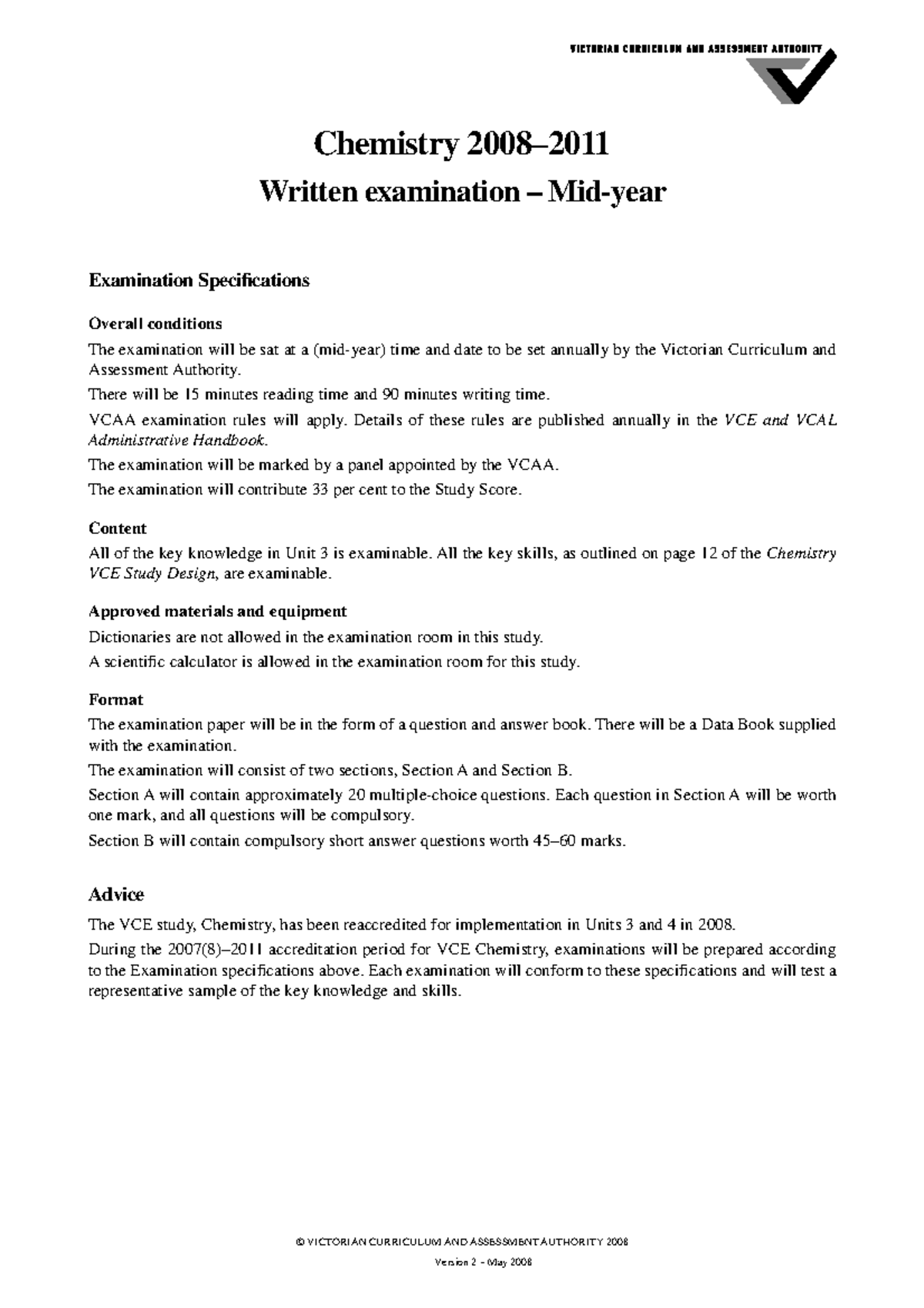 Sample Practice Exam 2012 Questions Chemistry 2008 Written Examination Mid Year Studocu