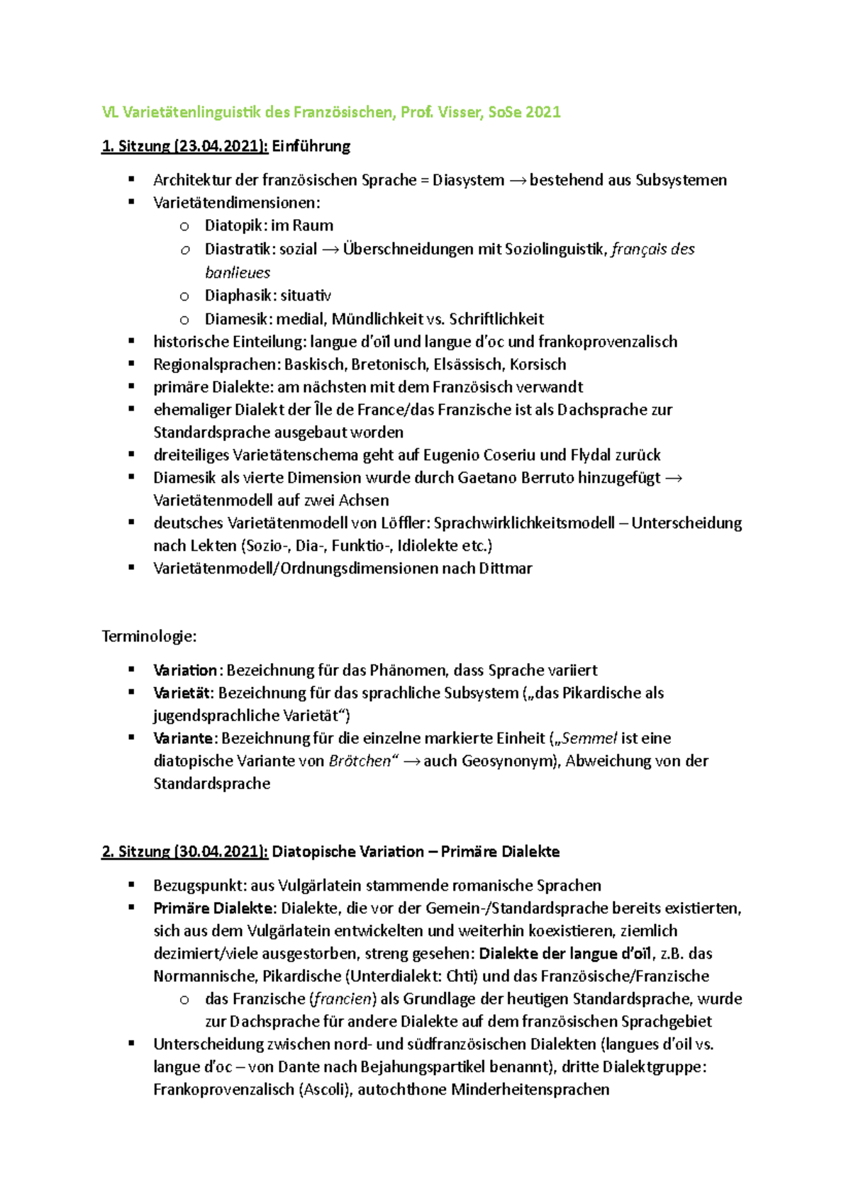 Skript Vl Varietatenlinguistik Des Franzosischen So Se 2021 Material Zum Kurs Vl Studocu