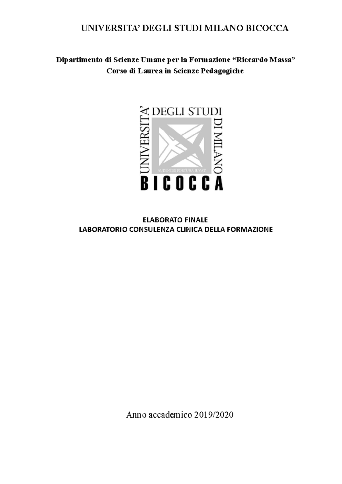 Laboratorio Consulenza Clinica Universita Degli Studi Milano Bicocca Dipartimento Di Scienze Studocu