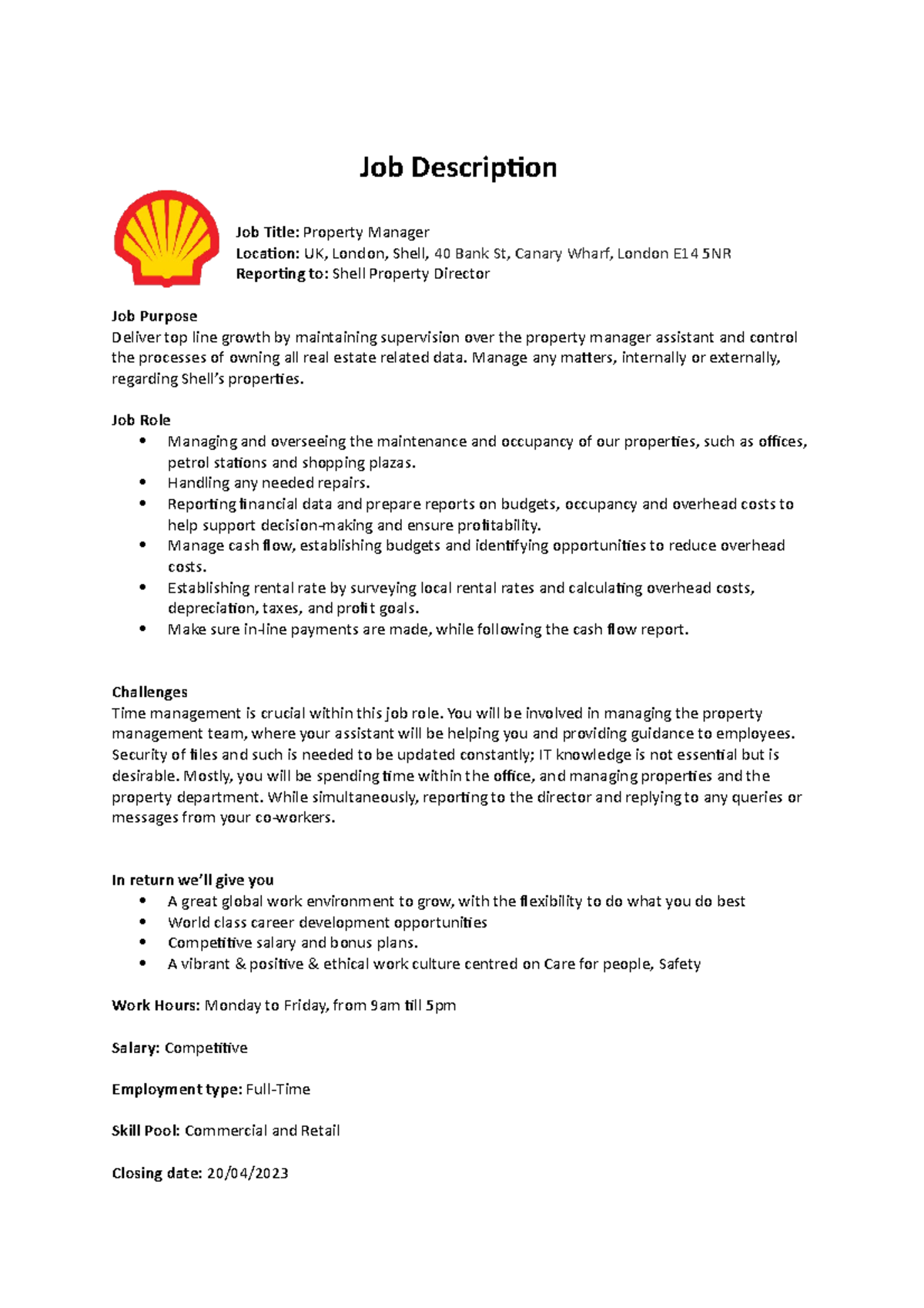 Job Description Job Description Job Title Property Manager Location Uk London Shell 40 Bank Studocu