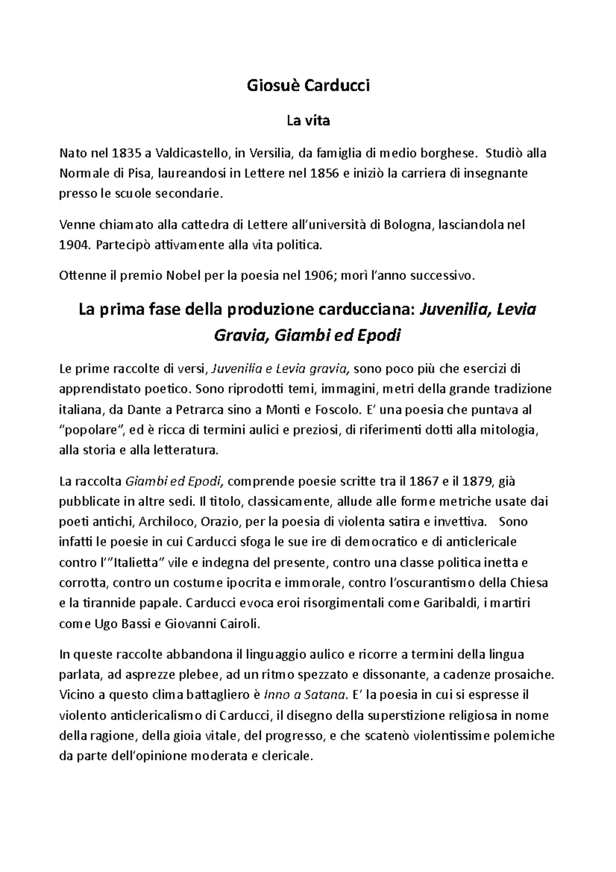 Giosue Carducci Riassunto Della Vita E Opera Dell Autore Dal Testo Di Giulio Ferroni Carducci Studocu
