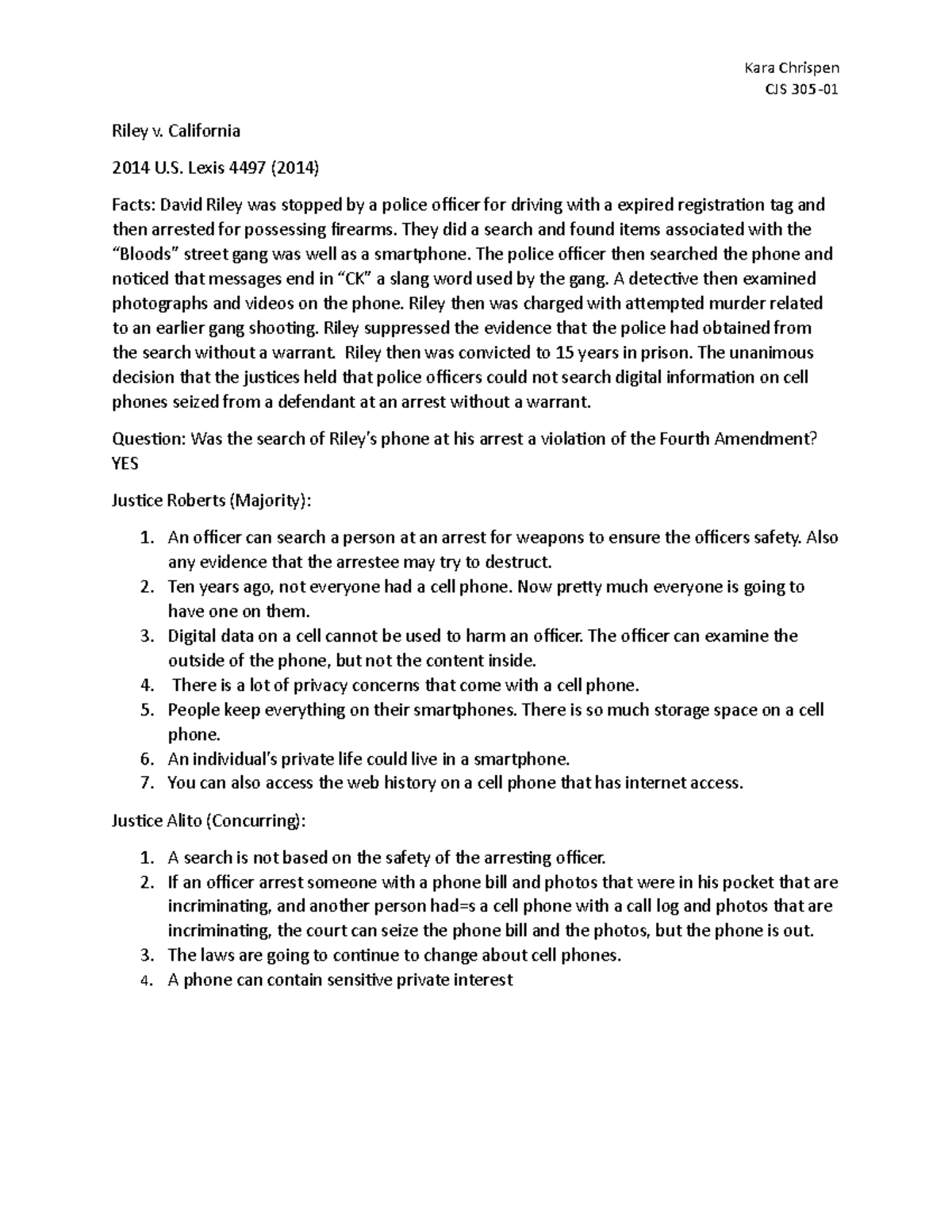 Riley V Callifornia Case Brief Kara Chrispen Cjs 305 Riley V California 2014 U Lexis 4497 Studocu