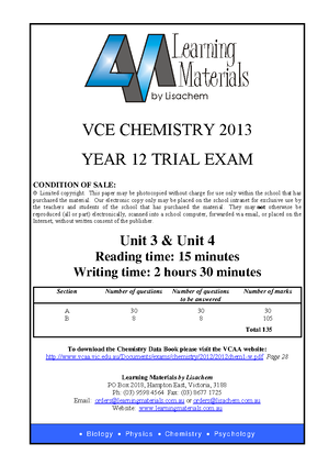 Lisachem Chem 2013 Unit 3 4 Exam Vce Chemistry 2013 Year 12 Trial Exam Condition Of Sale Studocu