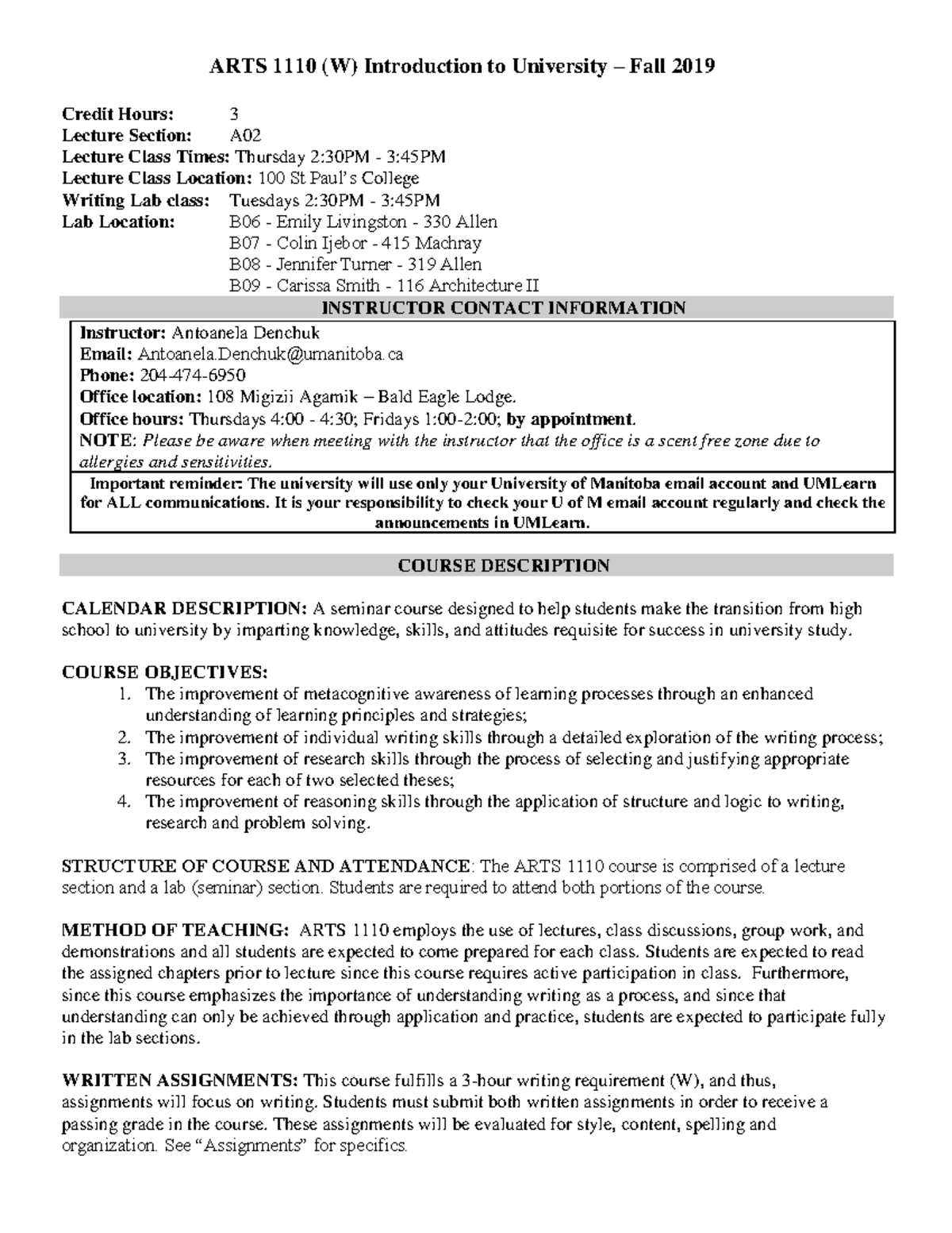 Arts 1110 Syllabus Fall 2019 Arts 1110 W Introduction To University Fall 2019 Credit Hours 3 Studocu