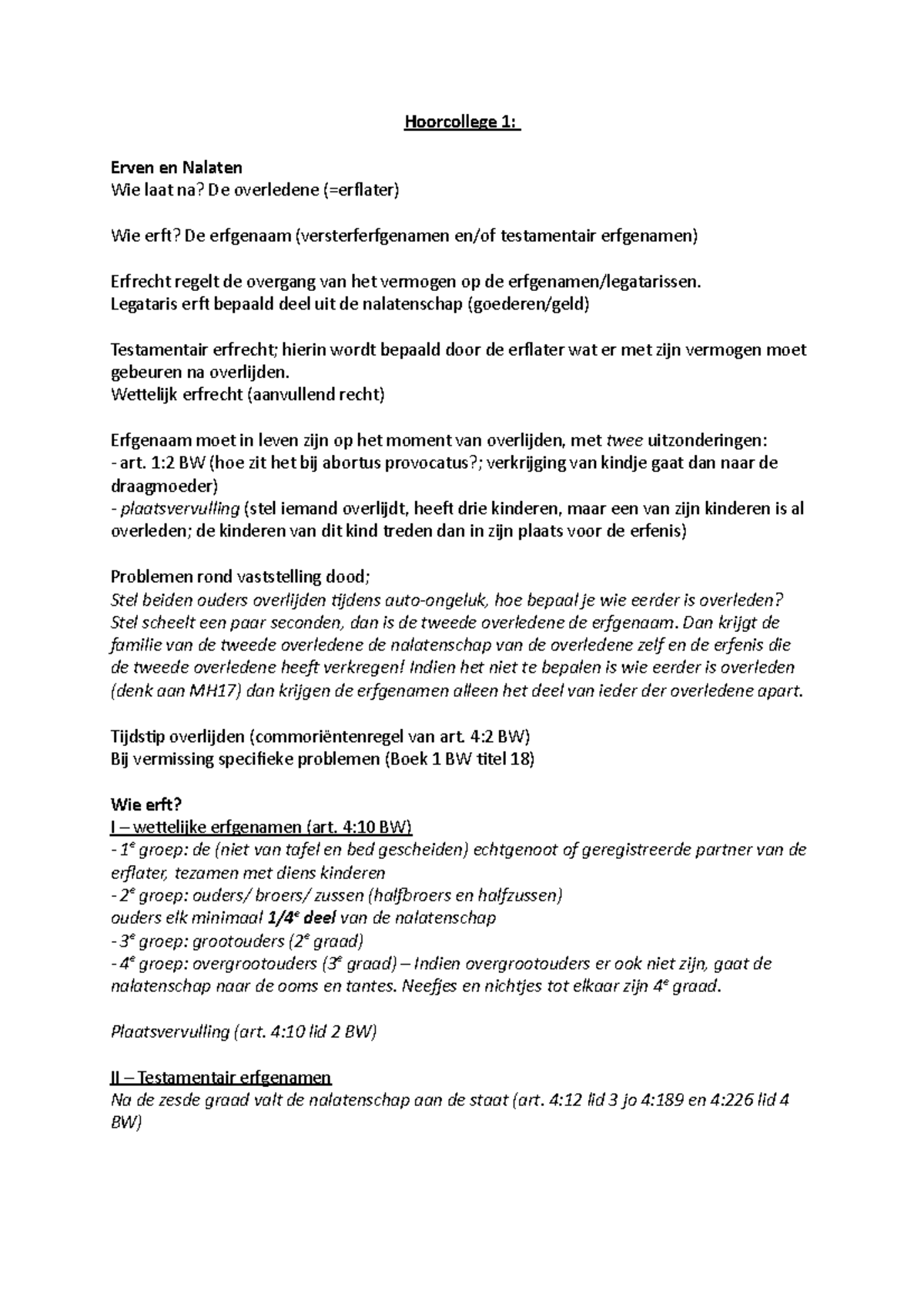 Erfrecht Samenvatting Van Colleges Leerstof Opgaves Antwoorden Hoorcollege 1 Erven En Nalaten Studeersnel