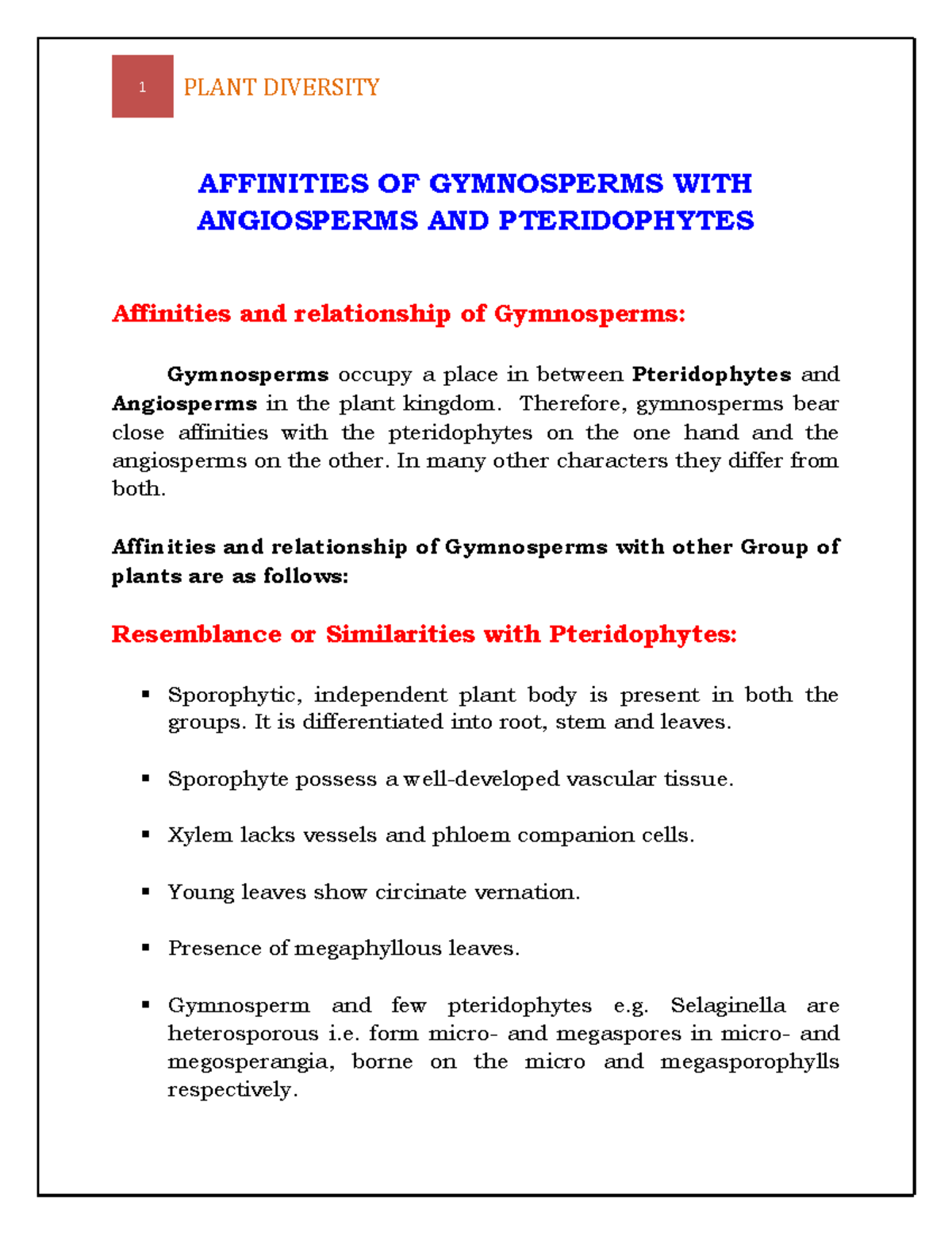 Affinities Of Gymnosperms With Angiosperms And Pteridophytes Affinities Of Gymnosperms With Studocu