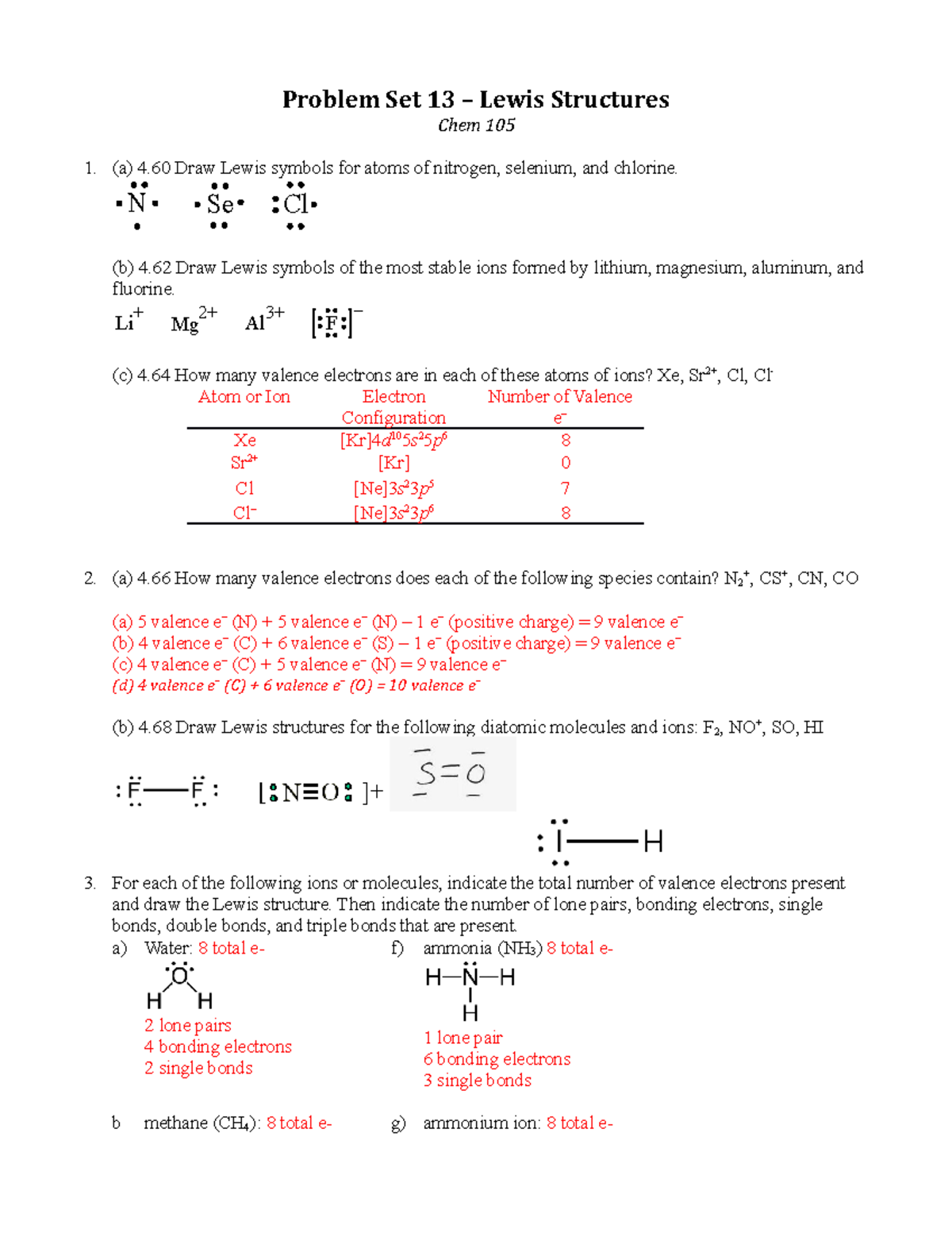 Tutorial Questions On Chemistry Lewis Structure Set 13 Problem Set 13 Lewis Structures Chem Studocu
