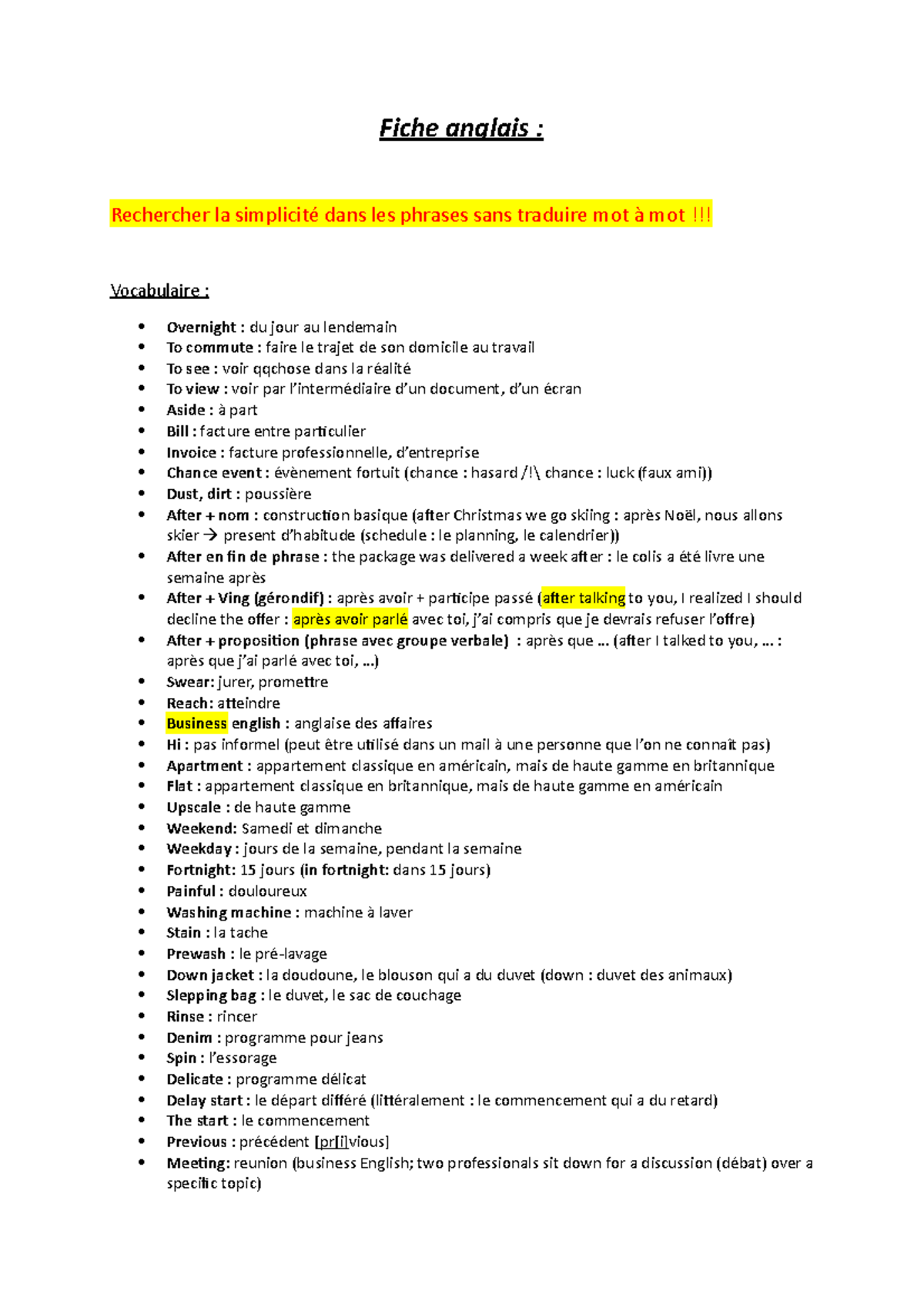 Fiche Anglais Notes De Cours Vocabulaire Conjugaison Orthographe Grammaire Fiche Studocu
