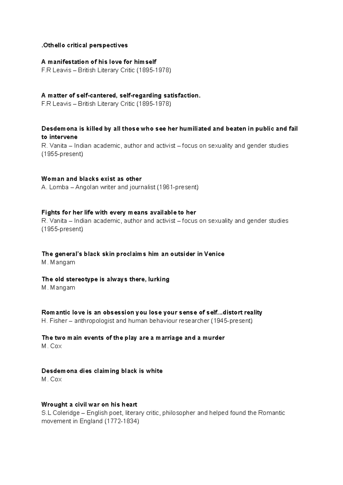 Othello Critic Quotes Critical Perspectives Othello Critical Perspectives A Manifestation Of Studocu