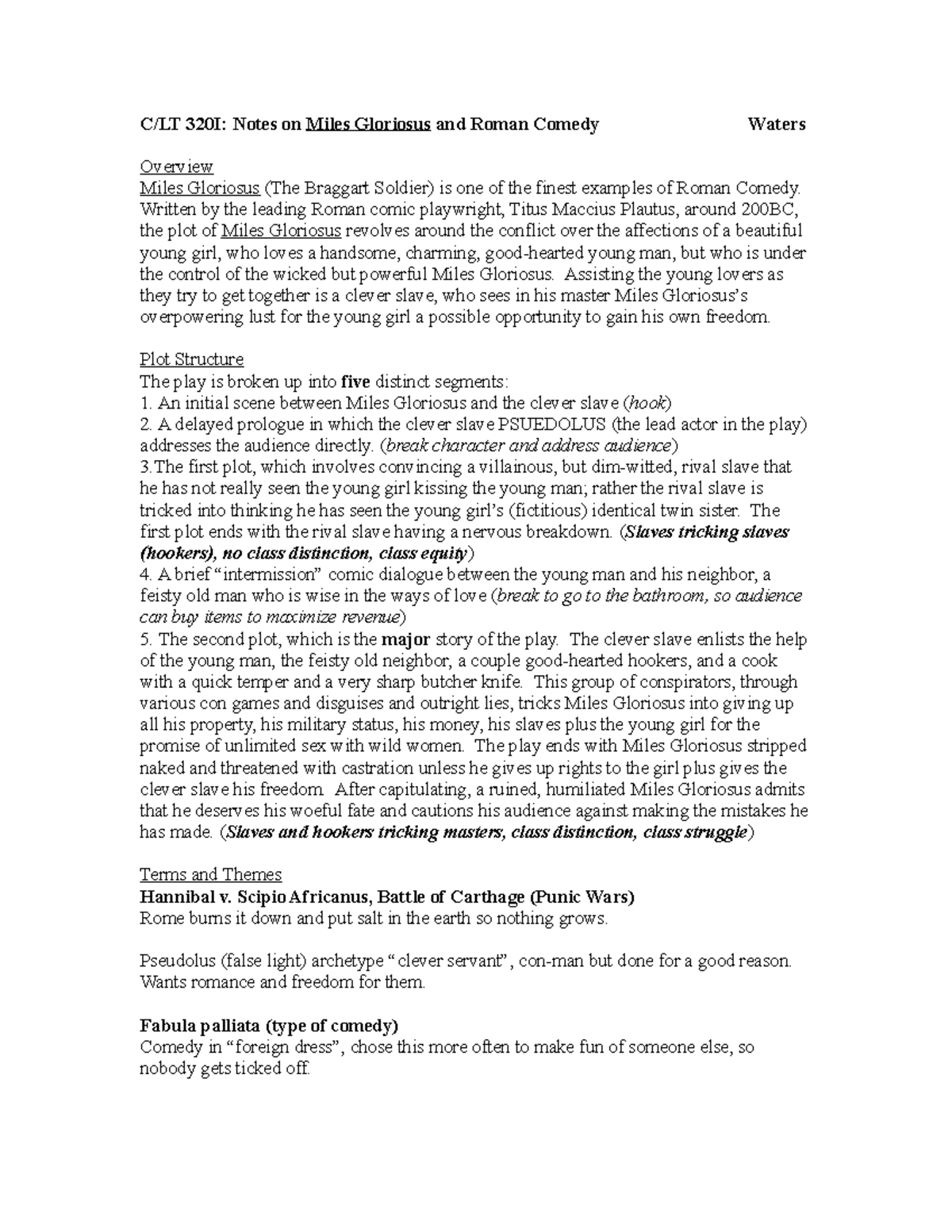Cwl 320 Roman Comedy Miles Gloriosus C Lt 320i Notes On Miles Gloriosus And Roman Comedy Waters Studocu