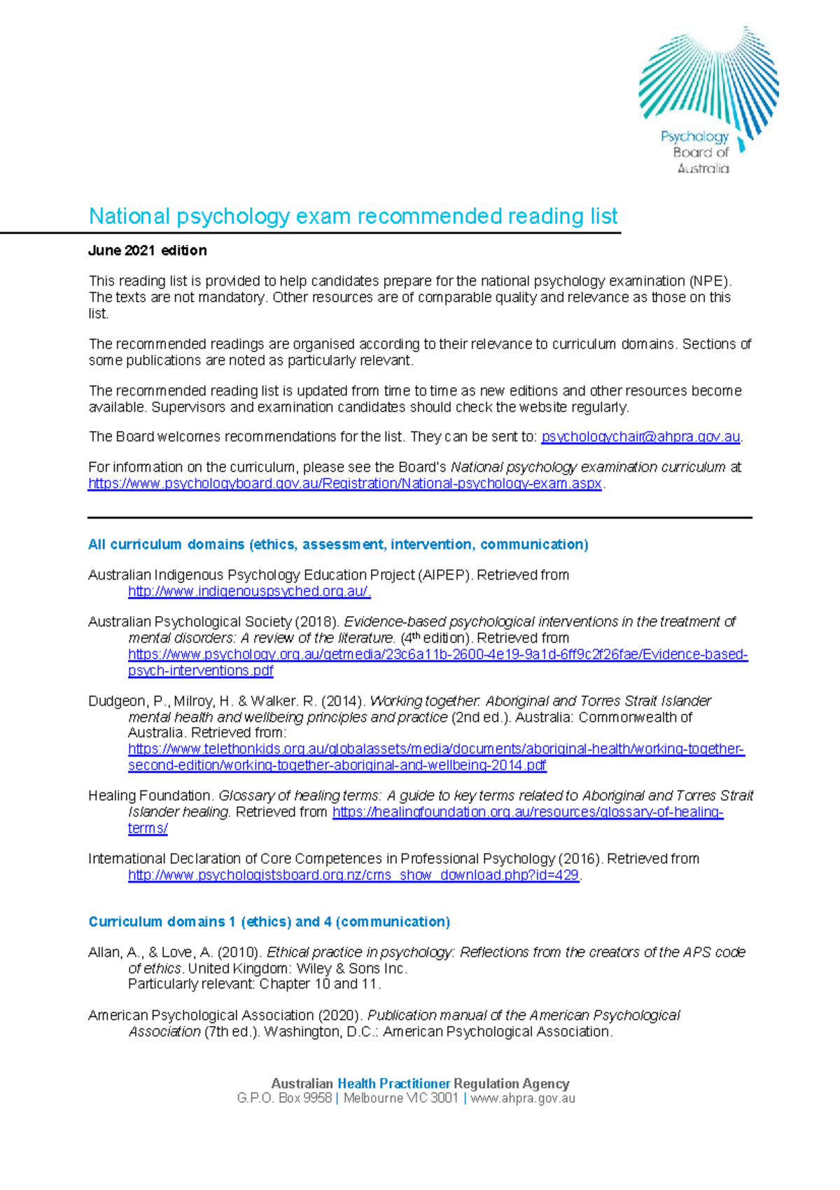 Psychology Board Reading List National Psychology Examination Recommended Readings National Studocu