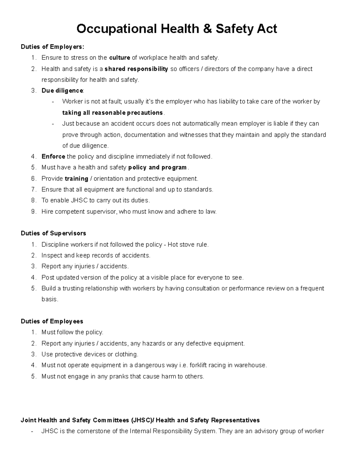 Occupational Health And Safety Act Occupational Health Amp Amp Safety Act Duties Of Employers Studocu