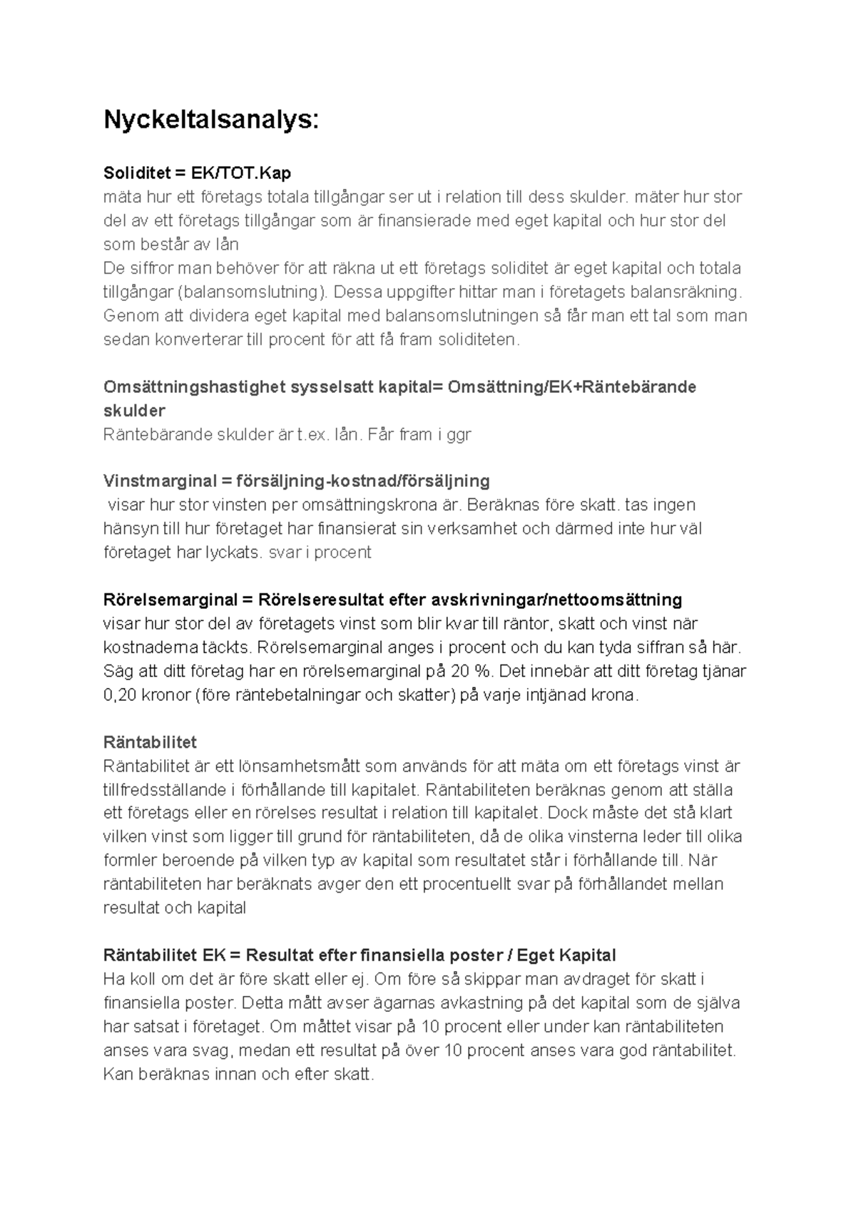 Formler Red 1 Forelasningsanteckningar Alla Nyckeltalsanalys Soliditet Ek Tot Mata Hur Ett Studocu