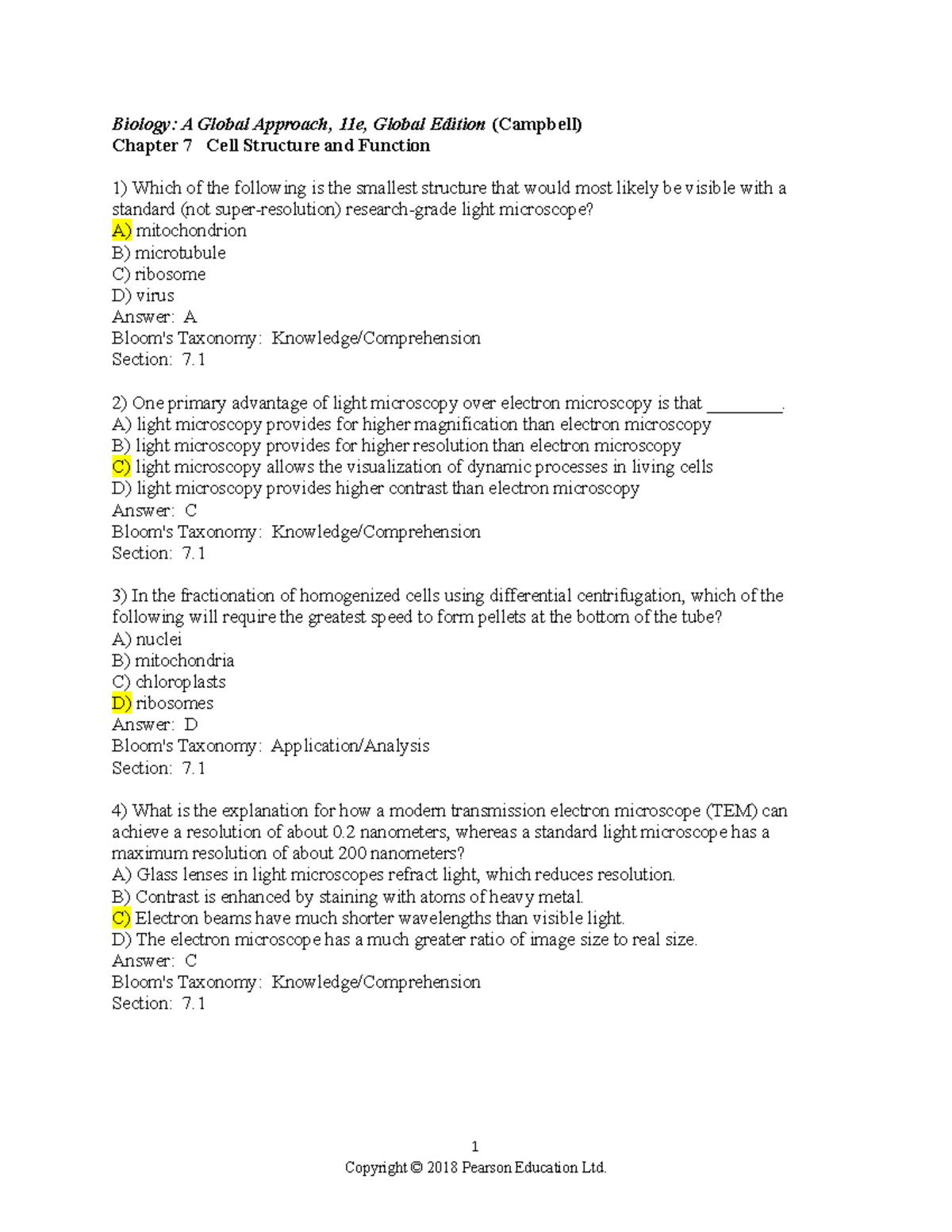Chapter 7 Test Bank Biology A Global Approach 11e Global Edition Campbell Chapter 7 Cell Studocu