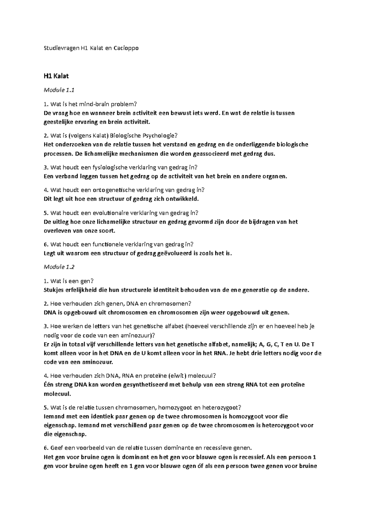 Verplichte Opgaven Studievragen Hersenen En Gedrag Hoofdstuk 1 Studievragen H1 Kalat En Cacioppo Studeersnel