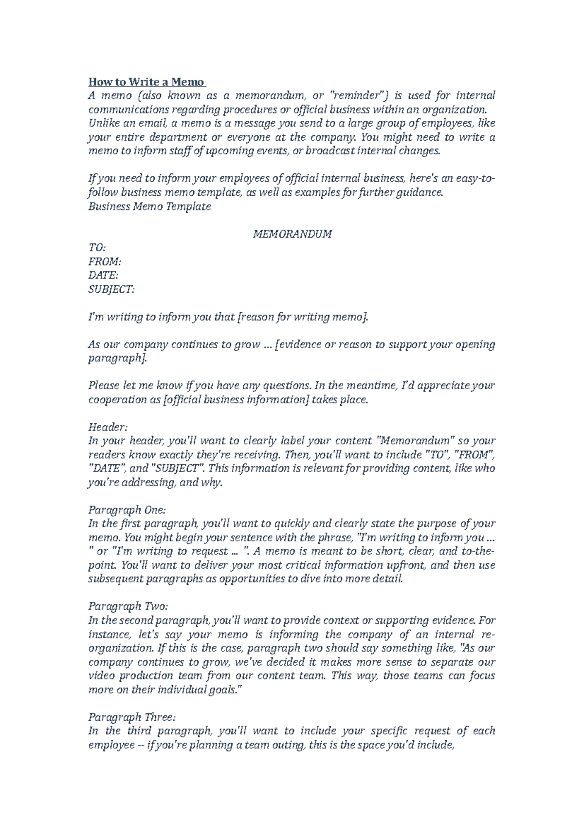 How To Write A Memo This Document Covers All The Topics Of Writing A Memorandum How To Write A Studocu