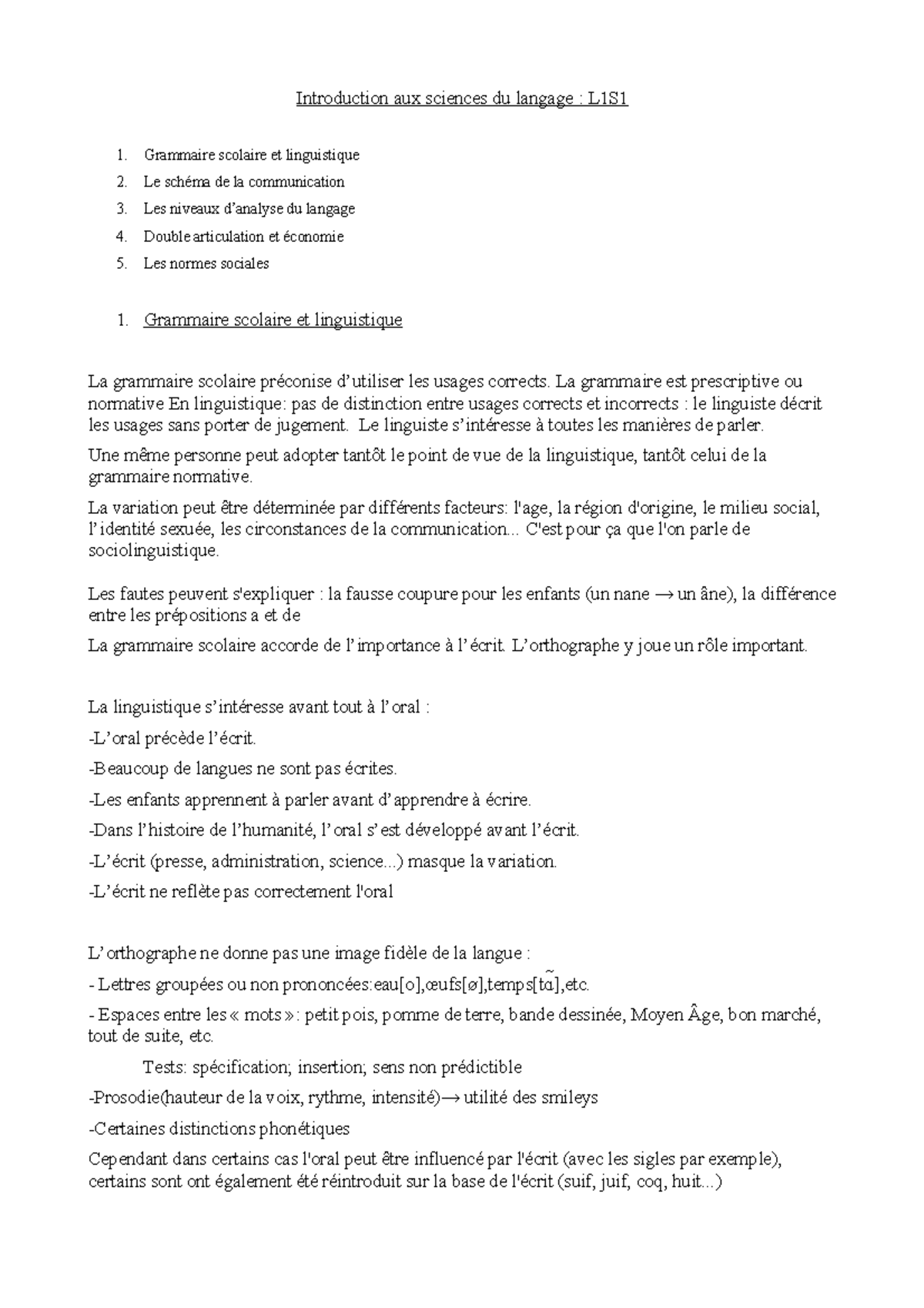 Intro Aux Sdl Notes De Cm En L1 Introduction Aux Sciences Du Langage L1s Grammaire Scolaire Et Studocu