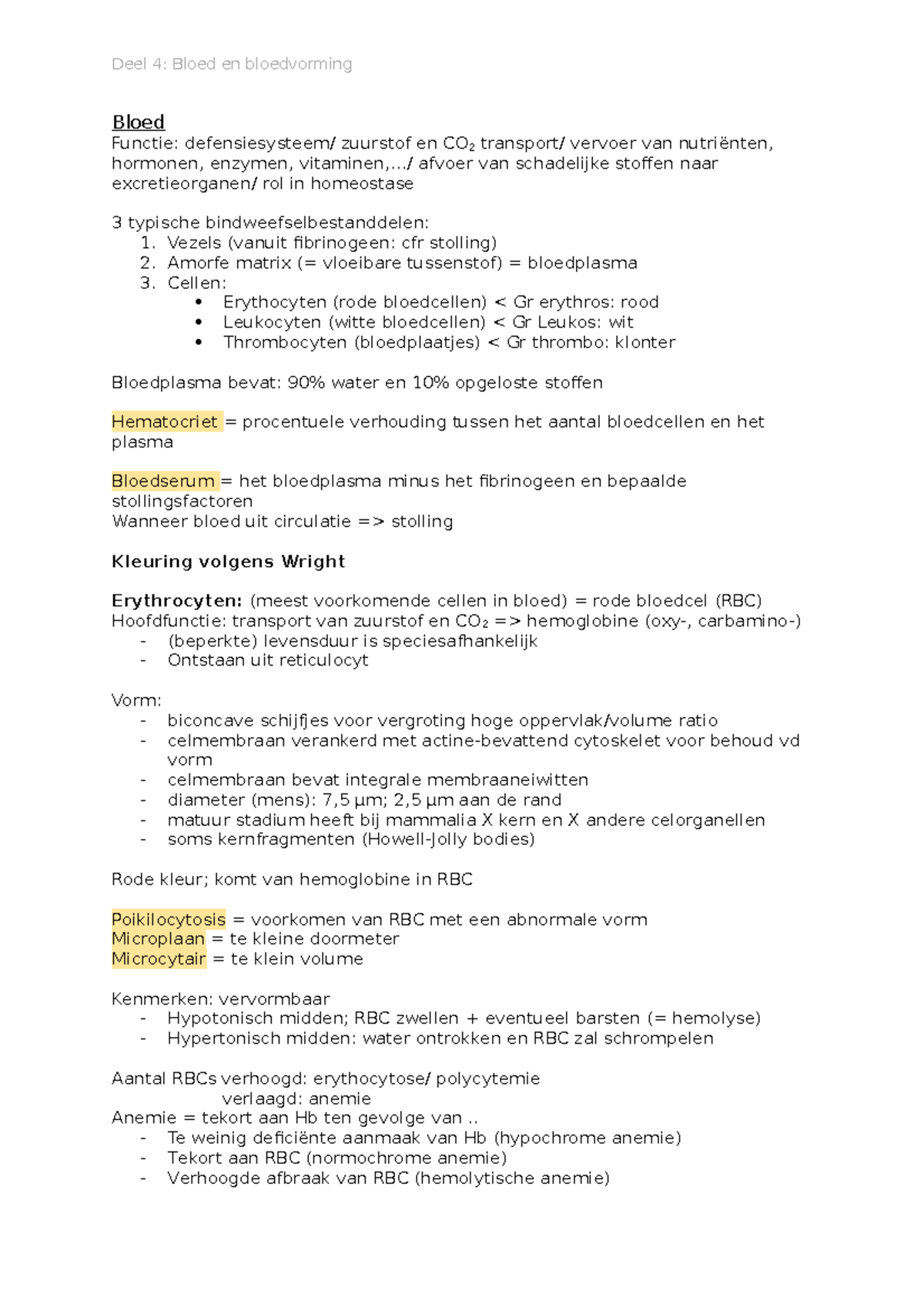 Deel 4 Bloed En Bloedvorming Bloed Functie Defensiesysteem Zuurstof En Co 2 Transport Vervoer Studocu