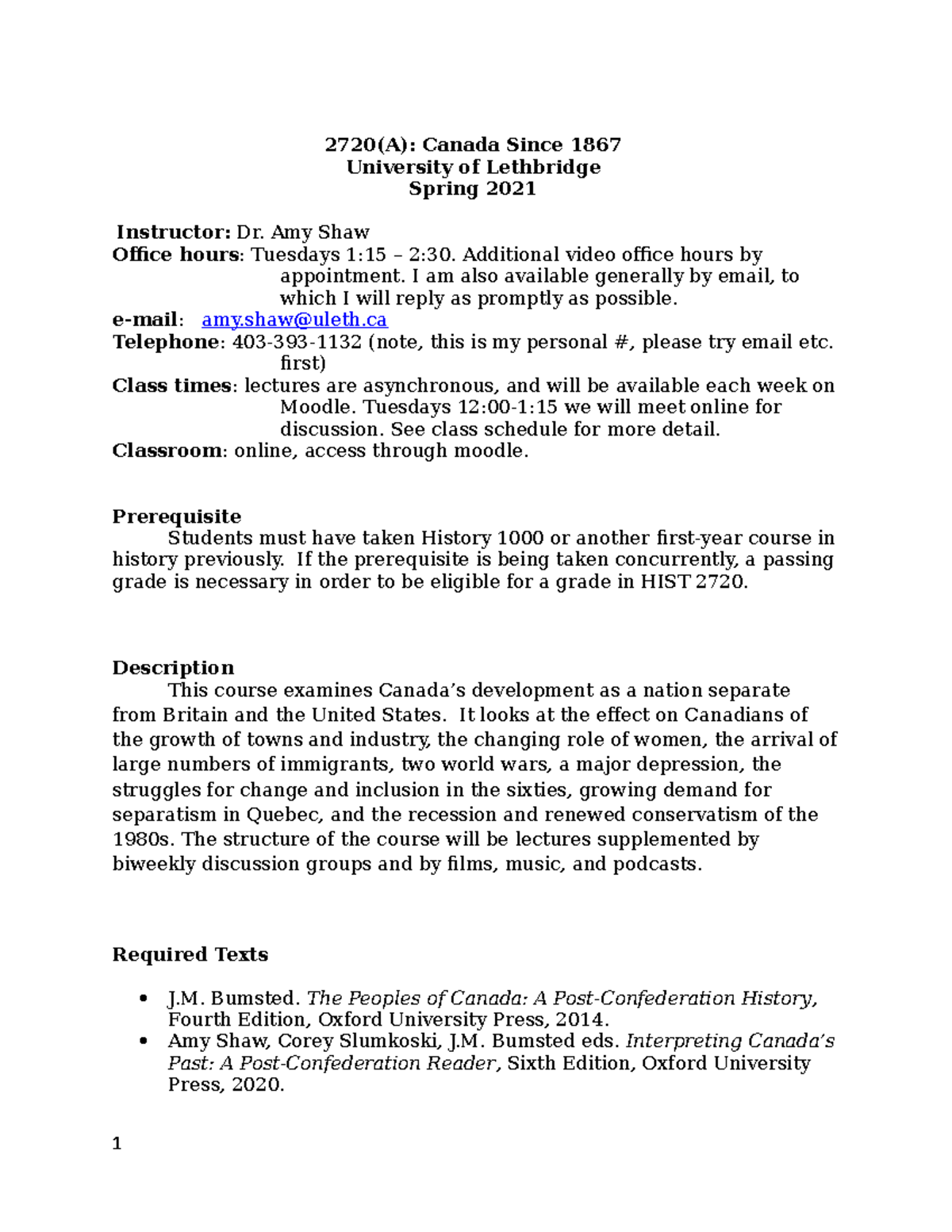 History 2720 Overview 2720 A Canada Since 1867 University Of Lethbridge Spring 2021 Instructor Studocu