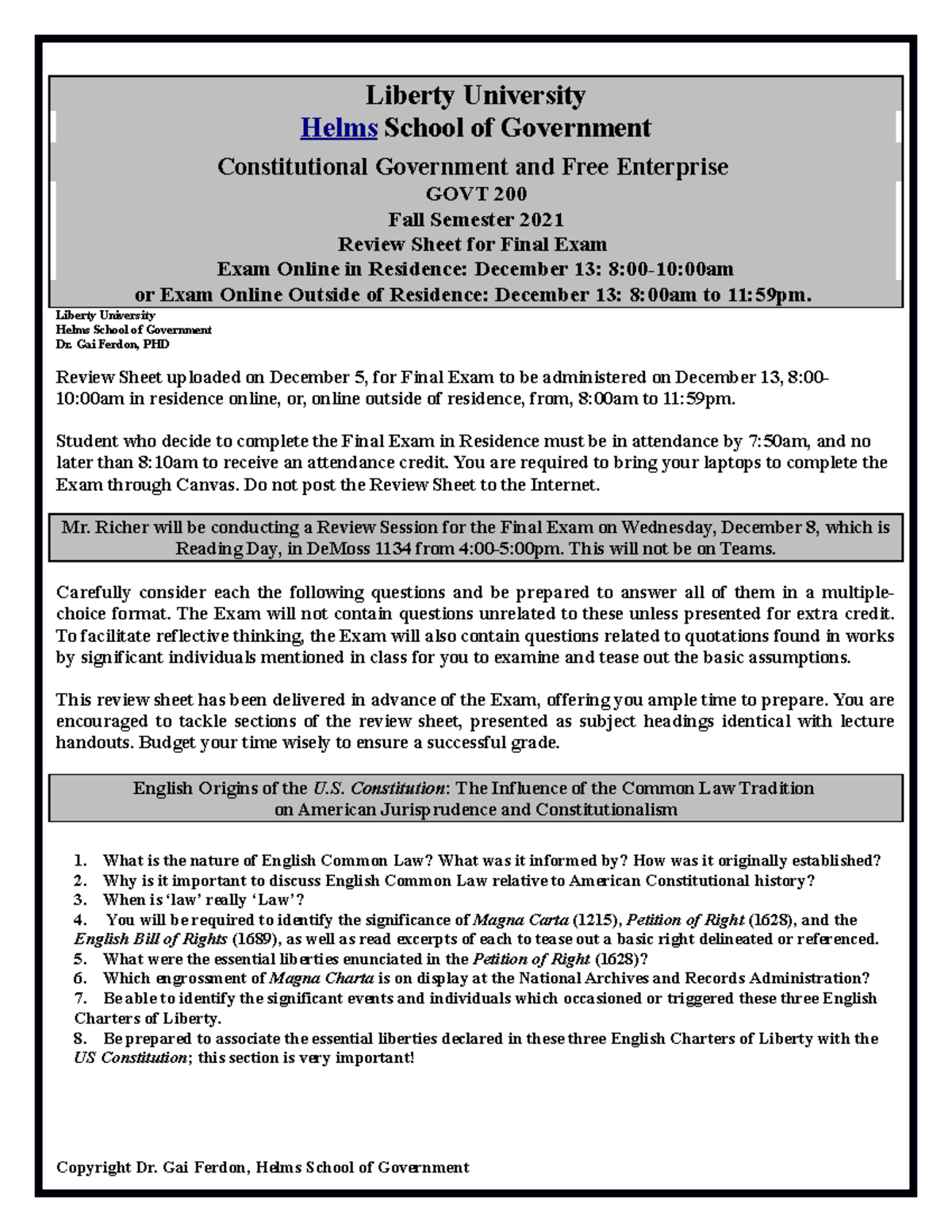 Review Sheet For Final Exam Fall 2021 Liberty University Helms School Of Government Constitutional Studocu