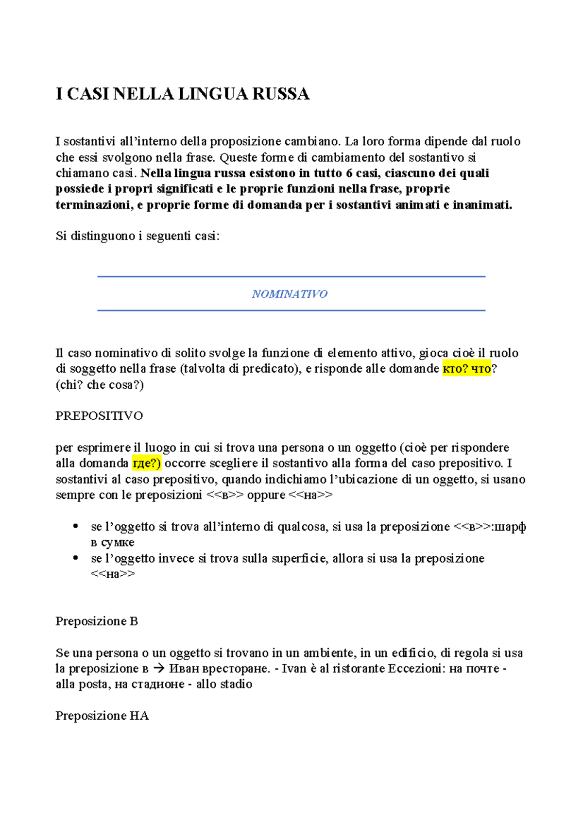 I Casi Nella Lingua Russa I Casi Nella Lingua Russa I Sostantivi All Interno Della Proposizione Studocu