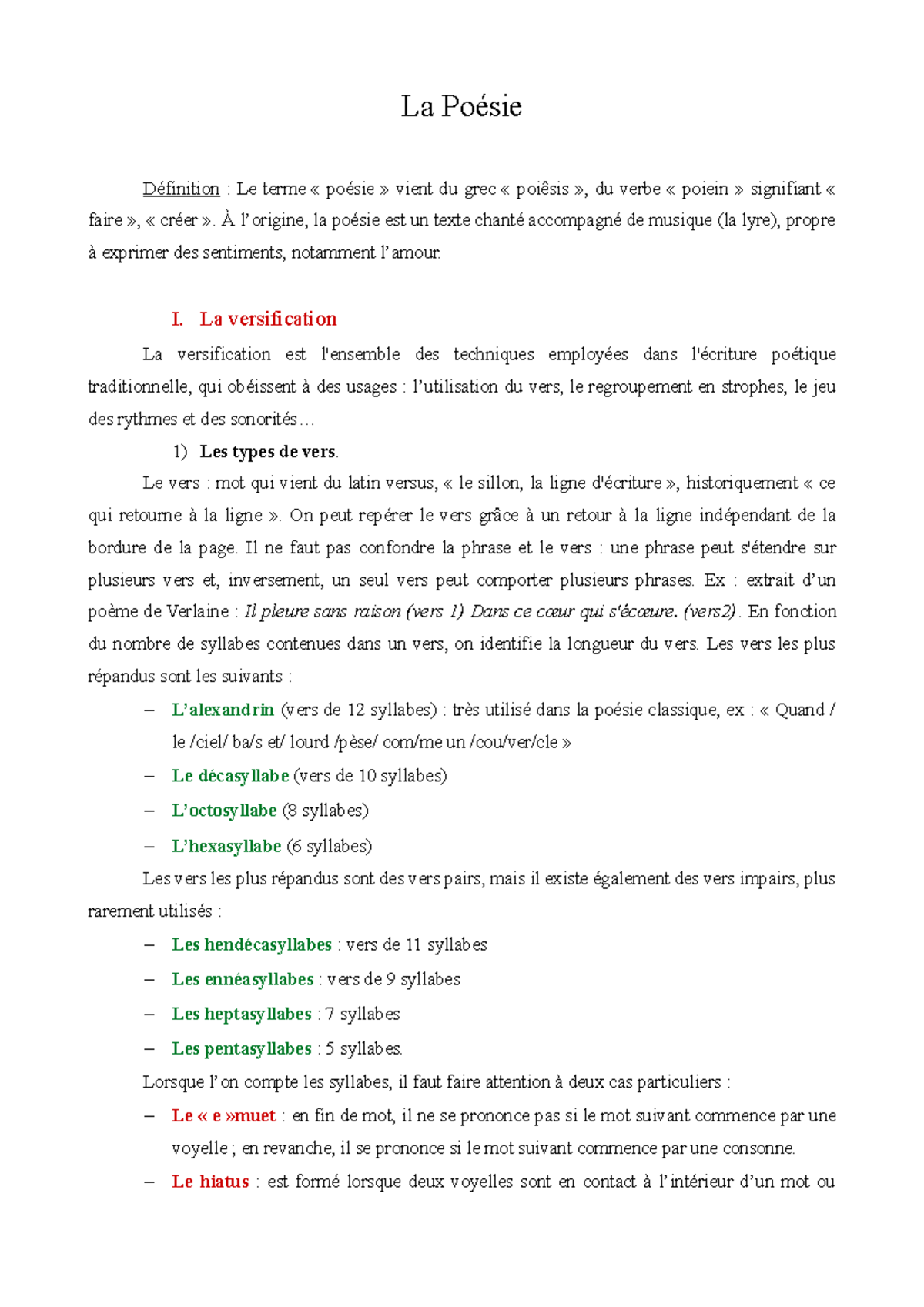 Cours Sur La Poesie La Poesie Definition Le Terme Poesie Vient Du Grec Poiesis Du Verbe Studocu
