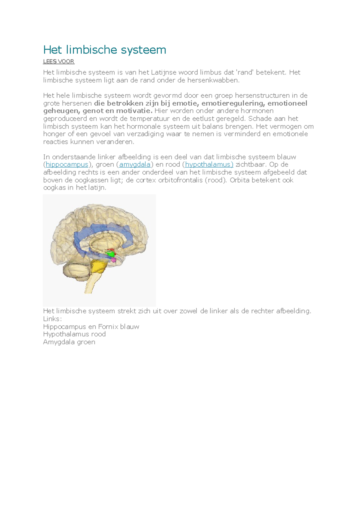Limbisch Systeem Neuropsychologie Het Limbische Systeem Lees Voor Het Limbische Systeem Is Van Studocu