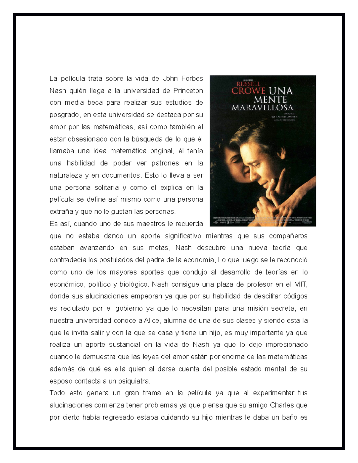 Una Mente Brillante Resena De Ezquizofrenia La Pelicula Trata Sobre La Vida De John Forbes Nash Studocu