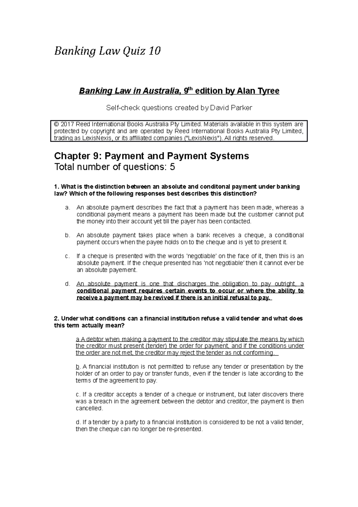 Quiz 10 Practice Quiz Banking Law Quiz 10 Banking Law In Australia 9 Th Edition By Alan Tyree Studocu