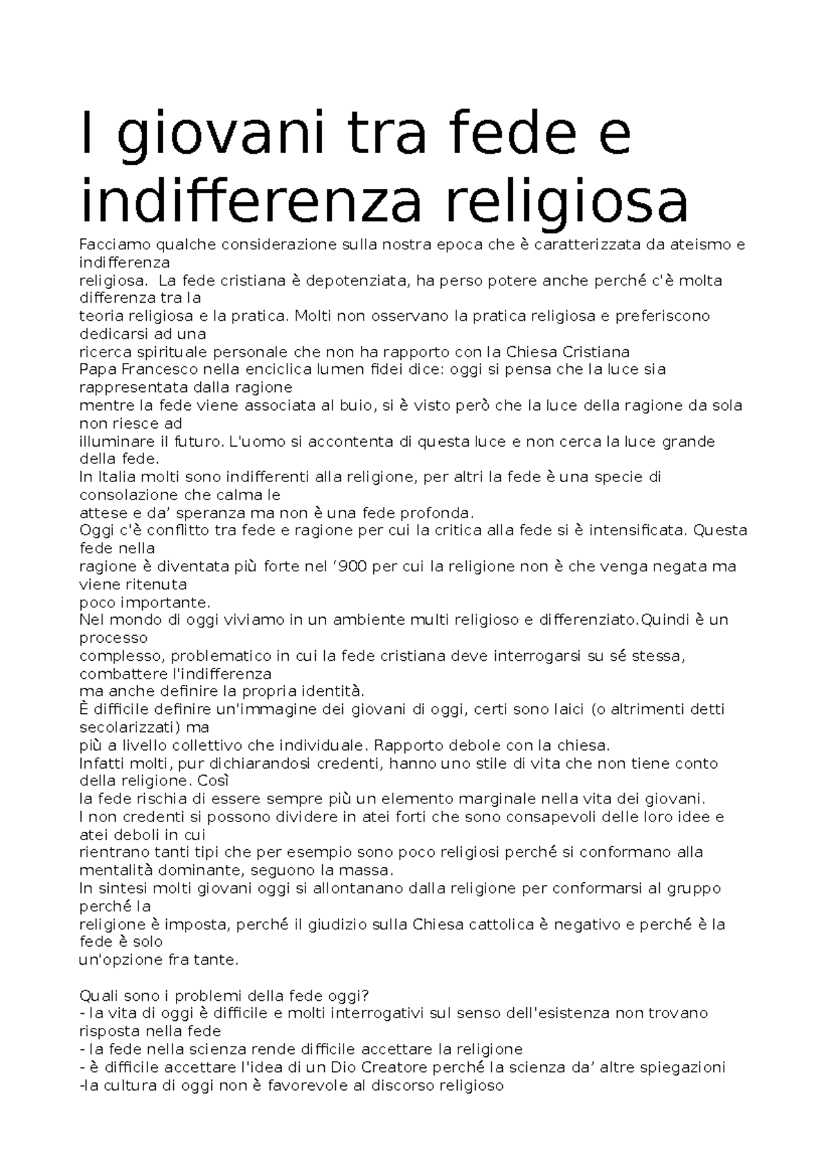 I Giovani Tra Fede E Indifferenza Religiosa I Giovani Tra Fede E Indifferenza Religiosa Facciamo Studocu