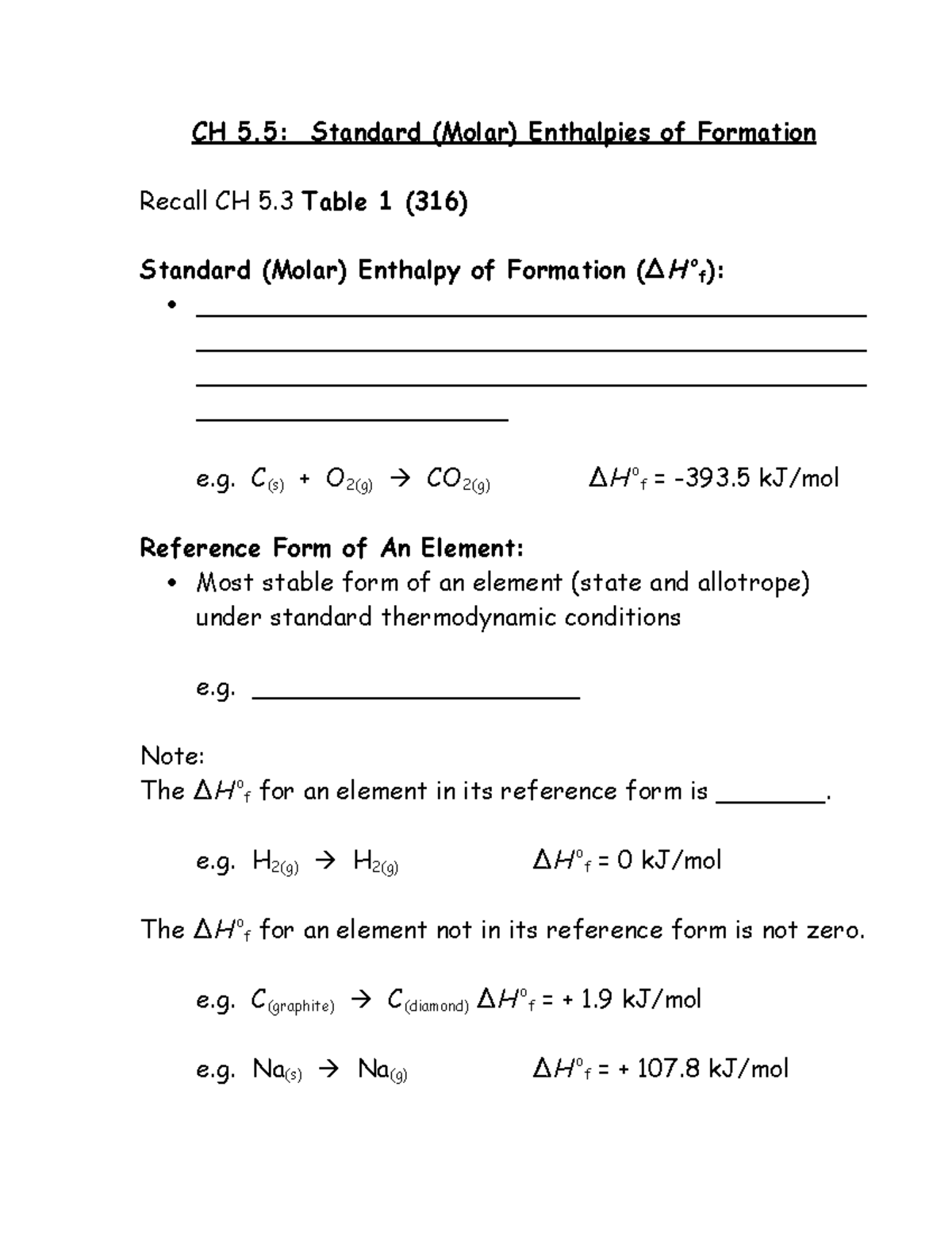 Sec 5 5 Standard Enthalpies Of Formation Hand Out Ch 5 Standard Molar Enthalpies Of Formation Studocu