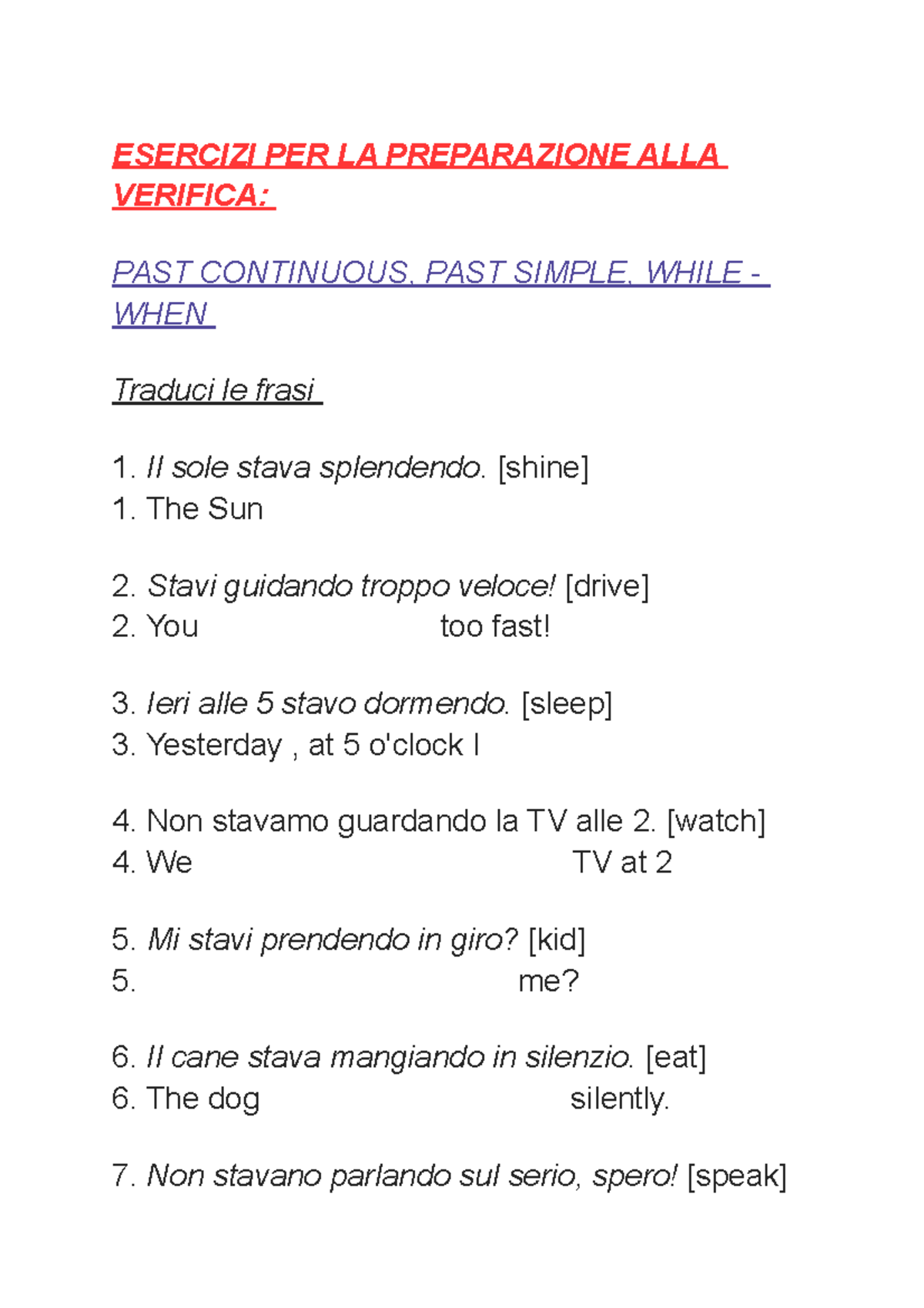 Esercizi Past Continuous Verifica Esercizi Per La Preparazione Alla Verifica Past Continuous Studocu