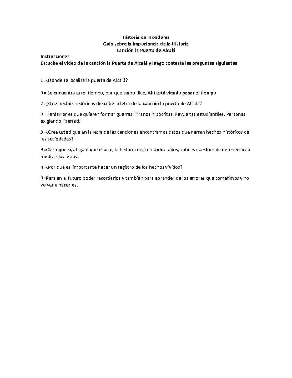 Guia De La Cancion La Puerta De Alcala Historia De Honduras Guia Sobre La Importancia De La Studocu