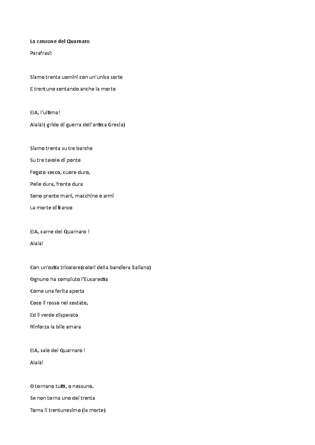 La Canzone Del Quarnaro La Canzone Del Quarnaro Parafrasi Siamo Trenta Uomini Con Un Unica Sorte Studocu