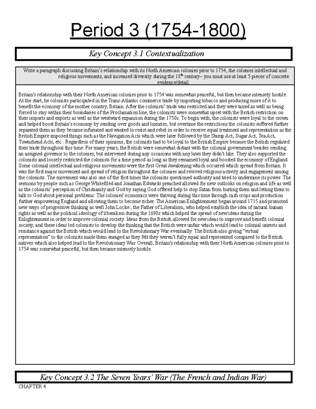 Apush Amsco Chapter 3 And 4 Key Reading Notes Period 3 1754 1800 Key Concept 3 Contextualization Studocu