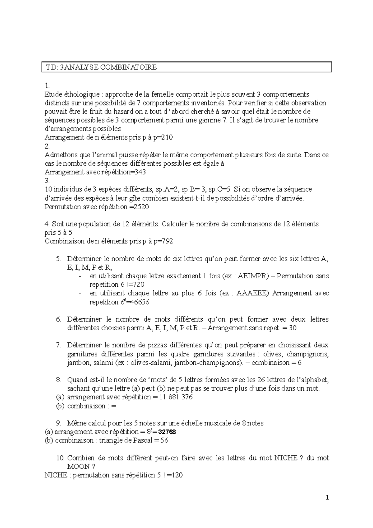 L2 Biosta Td3 Corriges Uriana Christaki Td 3analyse Combinatoire 1 Etude Ethologique Studocu