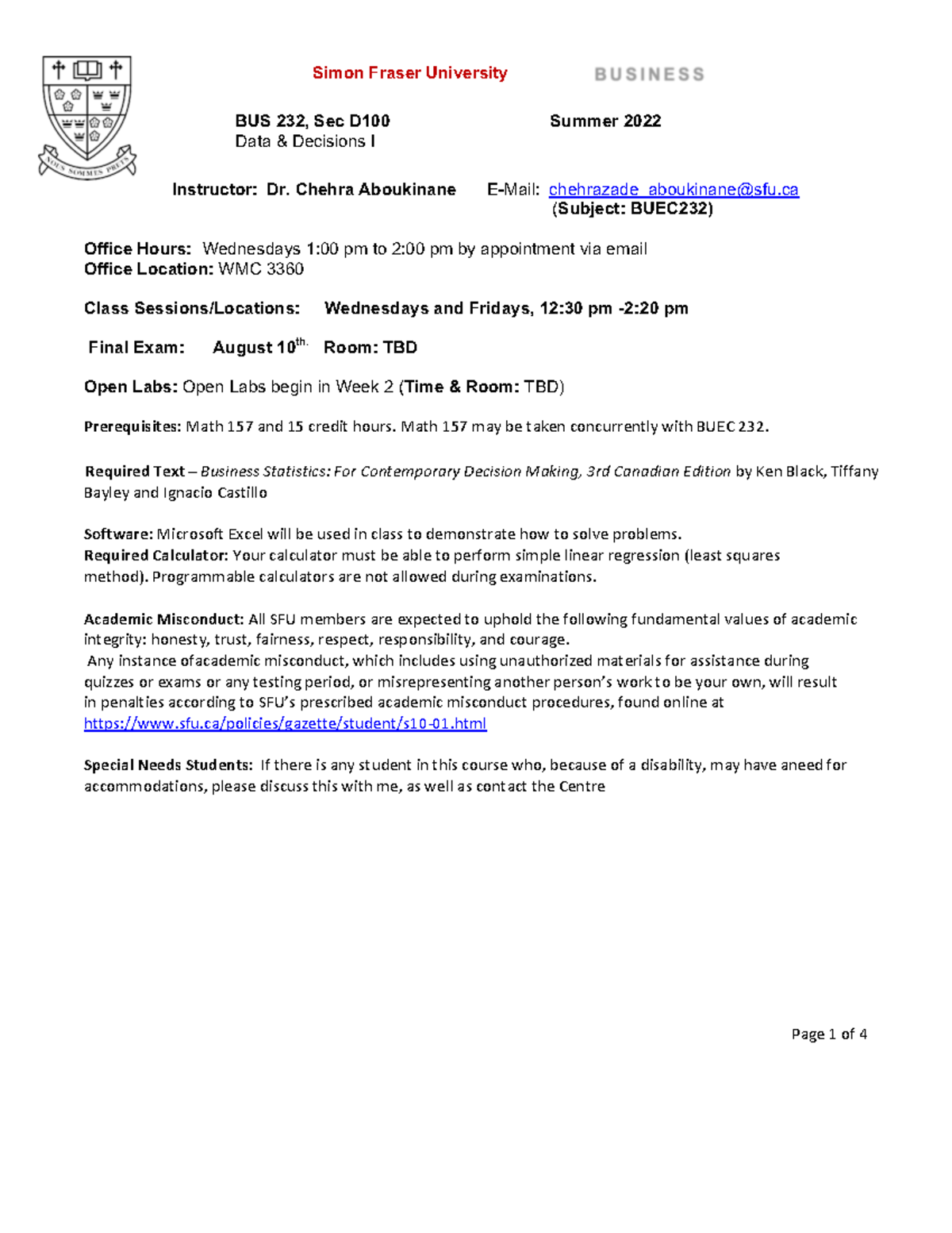 Bus 232 D100 Syllabus 22 Dr Aboukinane Simon Fraser University Bus 232 Sec D Data Amp Studocu