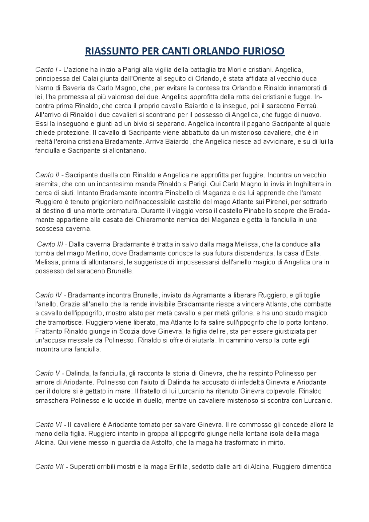 Riassunto Per Canti Orlando Furioso Riassunto Per Canti Orlando Furioso Canto I L Azione Ha Studocu