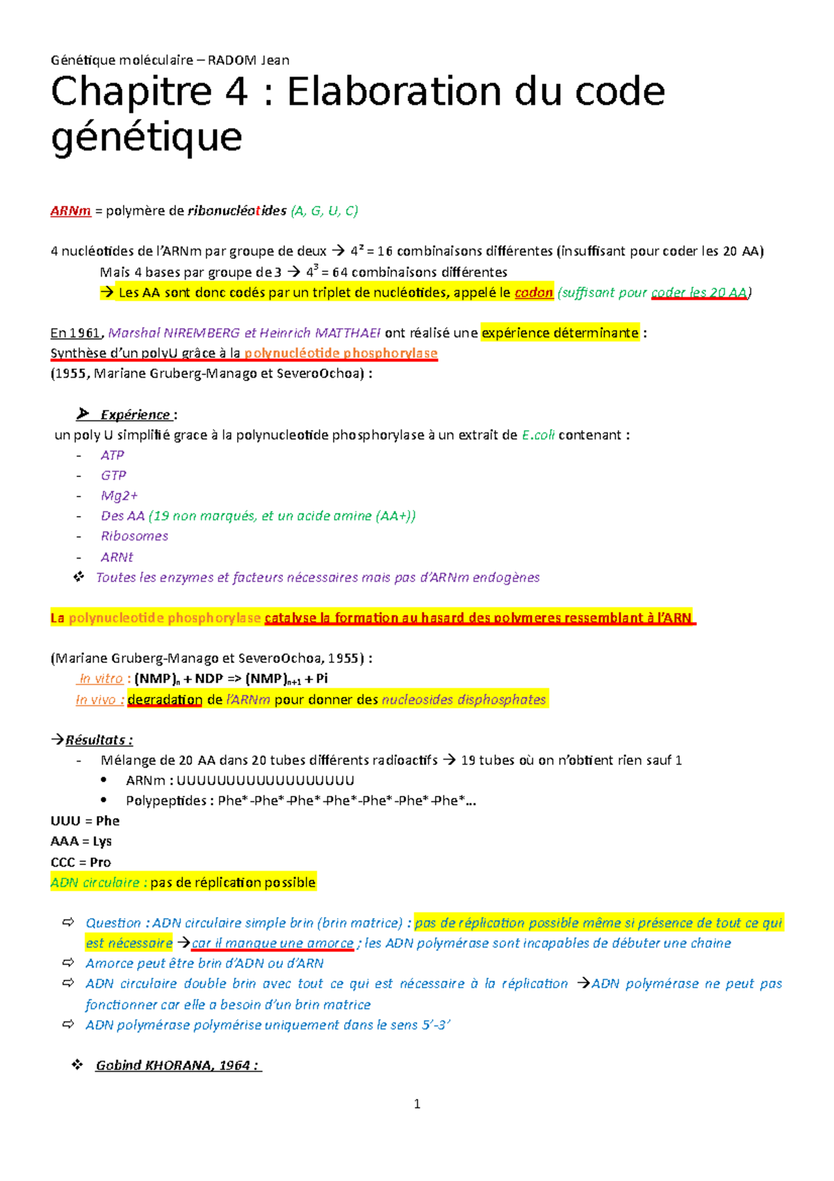Chapitre 4 Elaboration Du Code Genetique Genetique Moleculaire Radom Jean Chapitre 4 Studocu