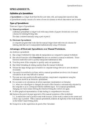 Introduction To Spreadsheets Spreadsheet Basics Spreadsheets Definition Of A Spreadsheet A Studocu