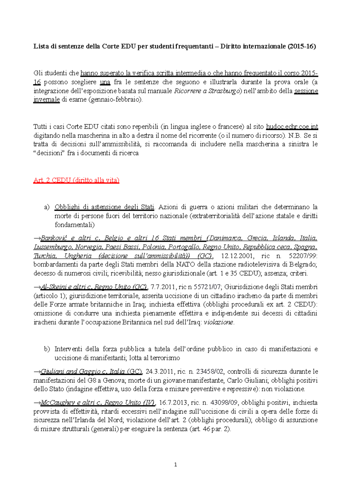 Casistica Per Studenti Frequentanti E Altri Lista Di Sentenze Della Corte Edu Per Studenti Studocu