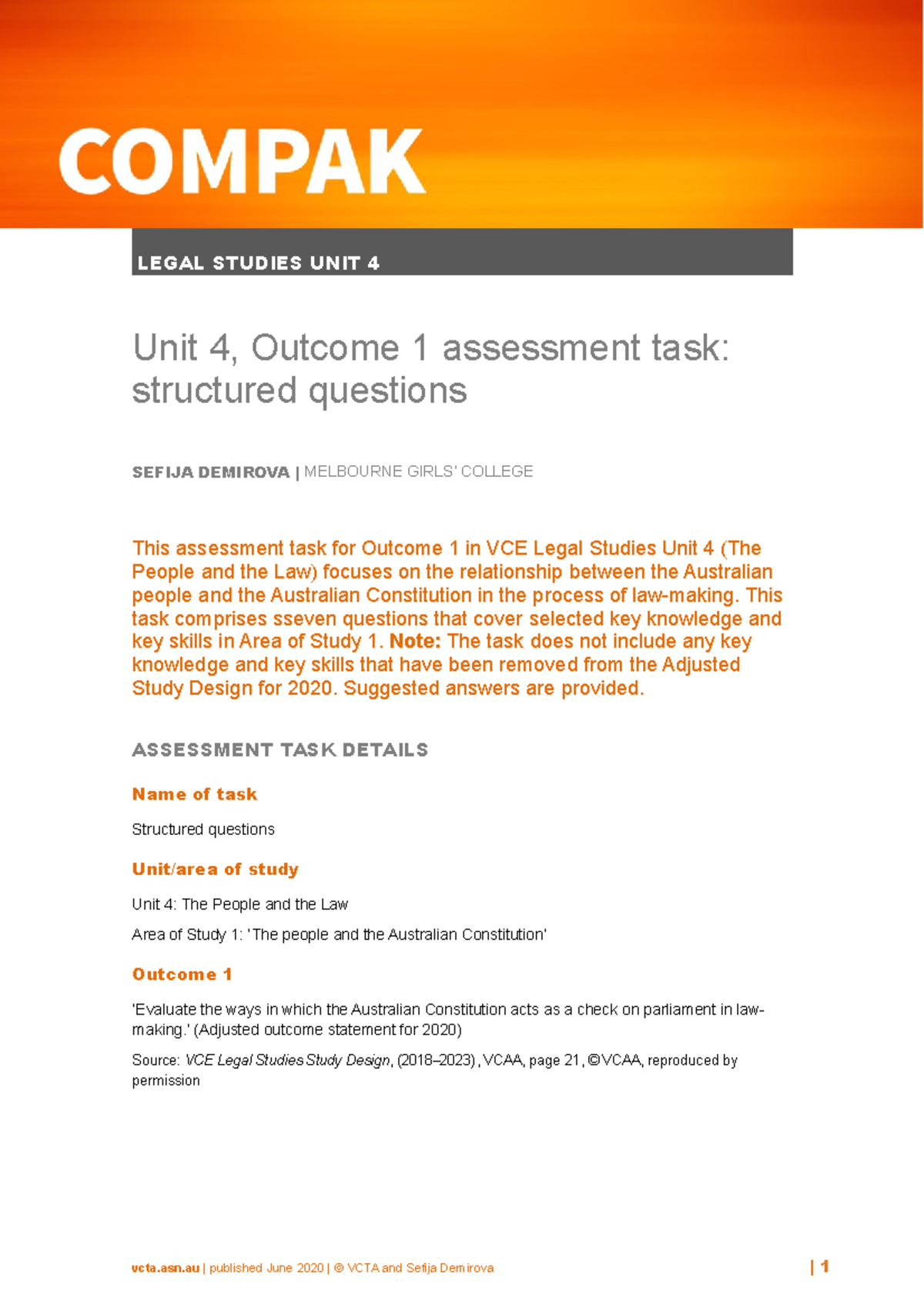 Compak U4 Aos 1 2020 Legal Studies Unit 4 Unit 4 Outcome 1 Assessment Task Structured Questions Studocu