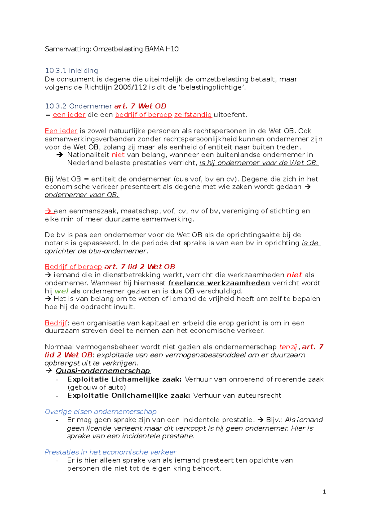 Ob Samenvatting H10 H10 Bama Samenvatting Omzetbelasting Bama H 10 3 Inleiding De Consument Is Studeersnel