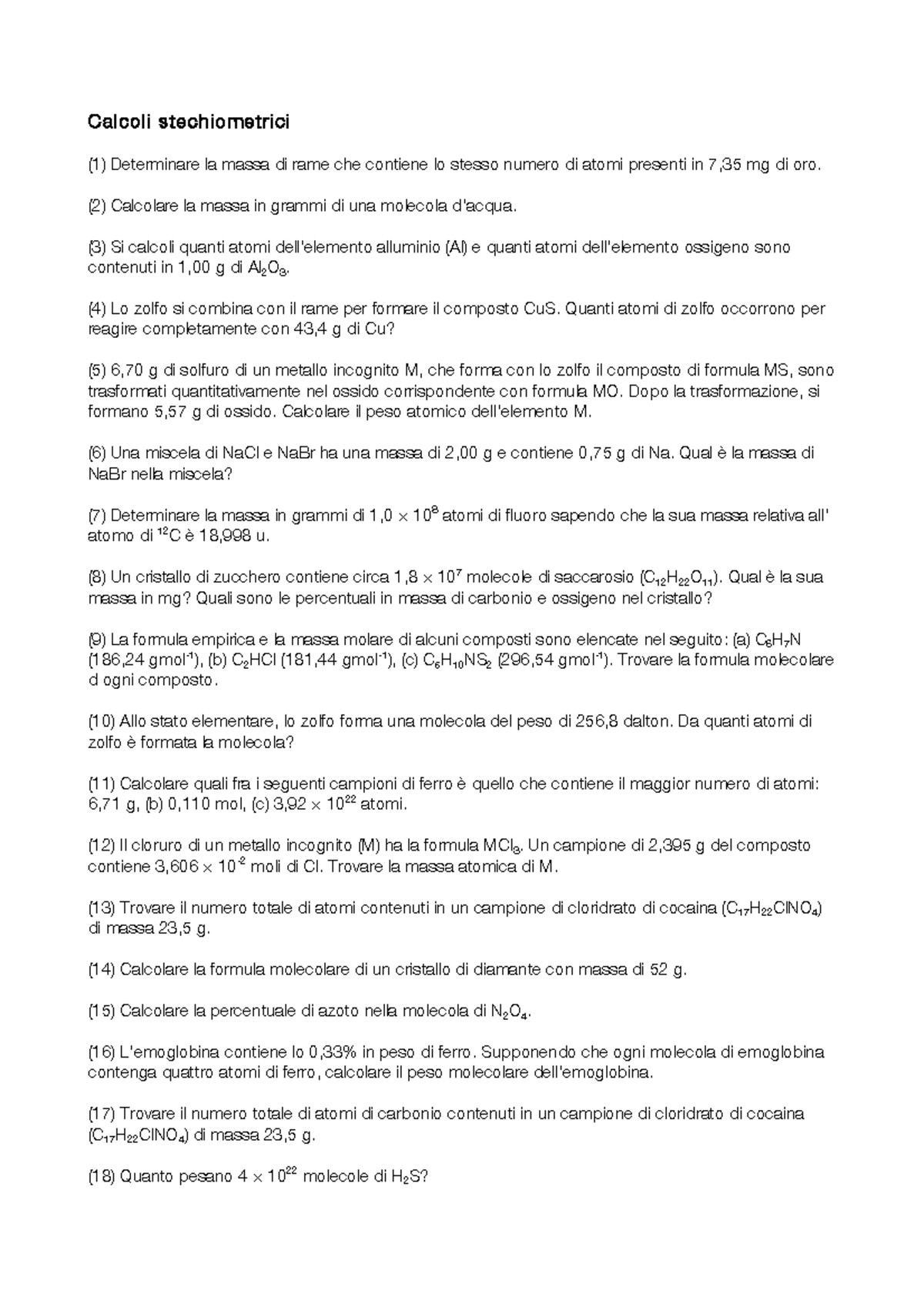Esercizi Calcoli Stechiometrici 1 Determinare La Massa Di Rame Che Contiene Lo Stesso Numero Di Studocu