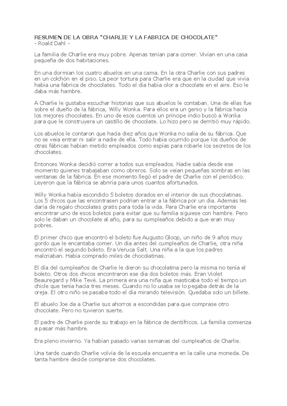 Resumen De La Obra Summary Charlie Y La Fabrica De Chocolate Resumen De La Obra Studocu