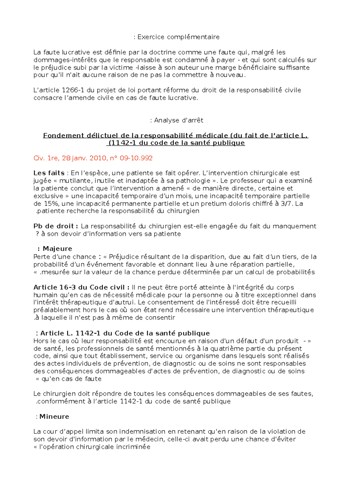 Td Suite Argumentaire Cas Pratique Exercice Complementaire La Faute Lucrative Est Definie Par La Studocu