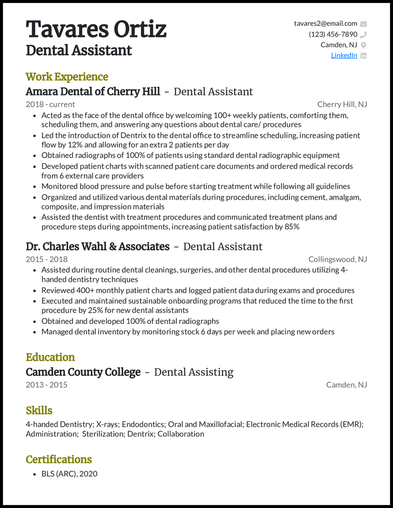 dental assistant resume sample entry level