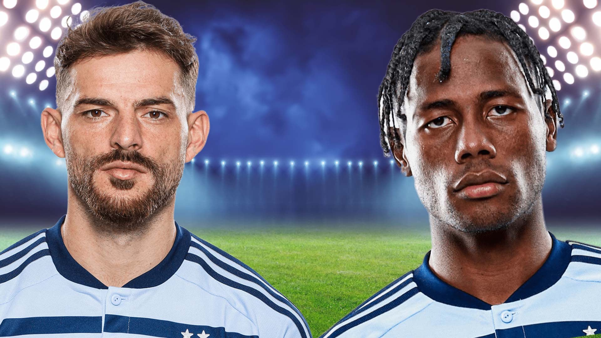 Sporting Kansas players in a floodlit stadium